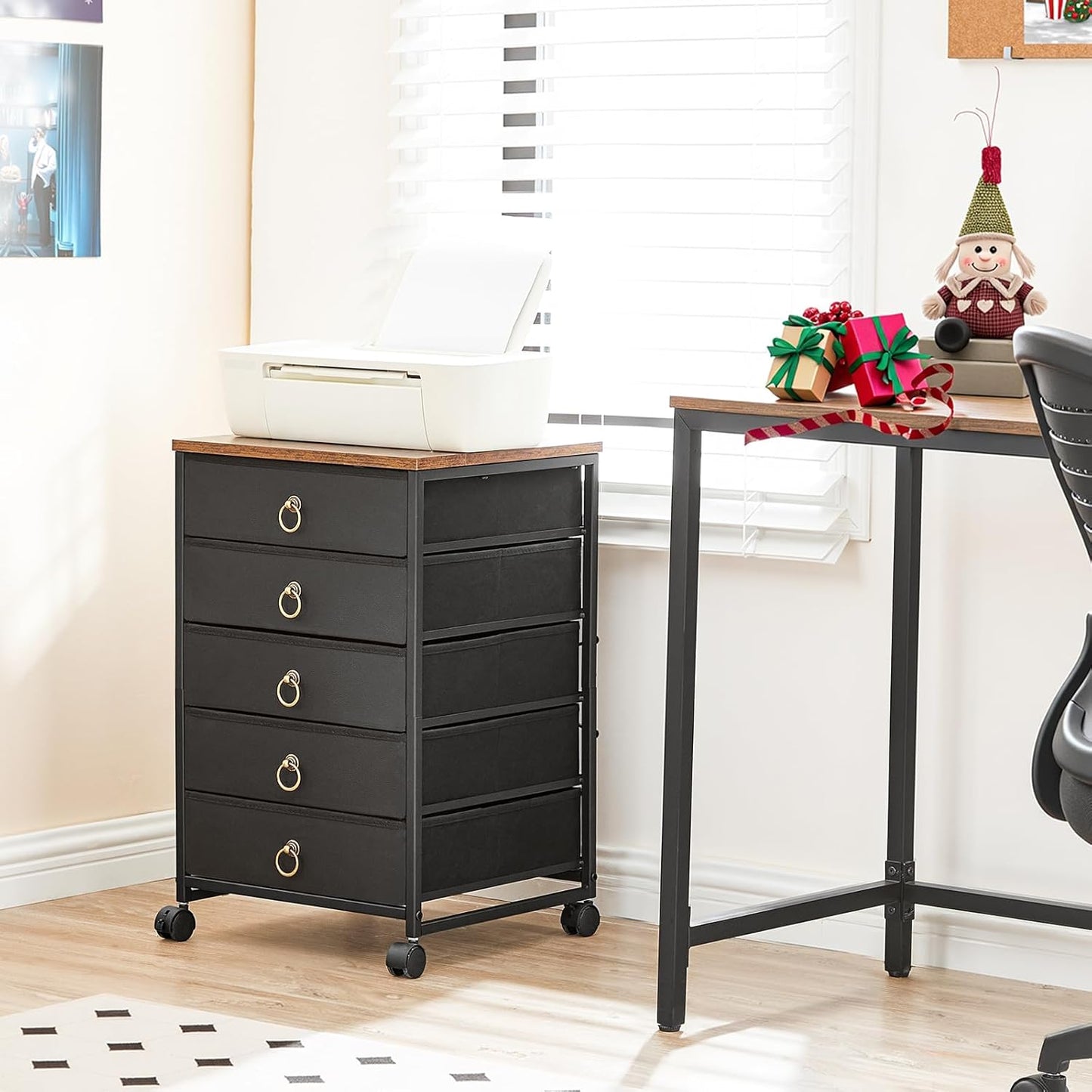 HOOBRO 5-Drawer Chest, Office File Cabinet with Drawers, Rolling Printer Stand, Filing Cabinet for Living Room, Home Office, Nonwovens Drawer, Easy Assembly, Black BFK50WJ01
