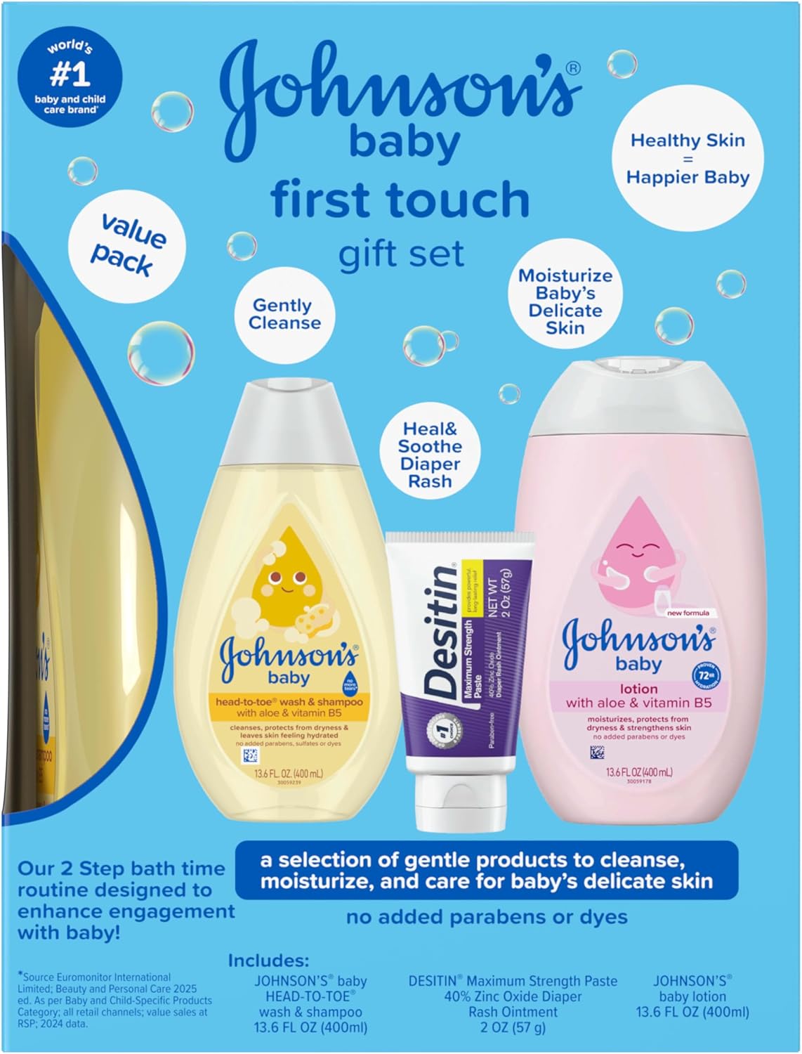 Johnson's First Touch Baby Essentials Gift Set with Body Wash & Shampoo, Body Lotion, & Zinc Oxide Diaper Rash Cream for Baby's Delicate Skin, Hypoallergenic, No Parabens or Dyes, 3 Items