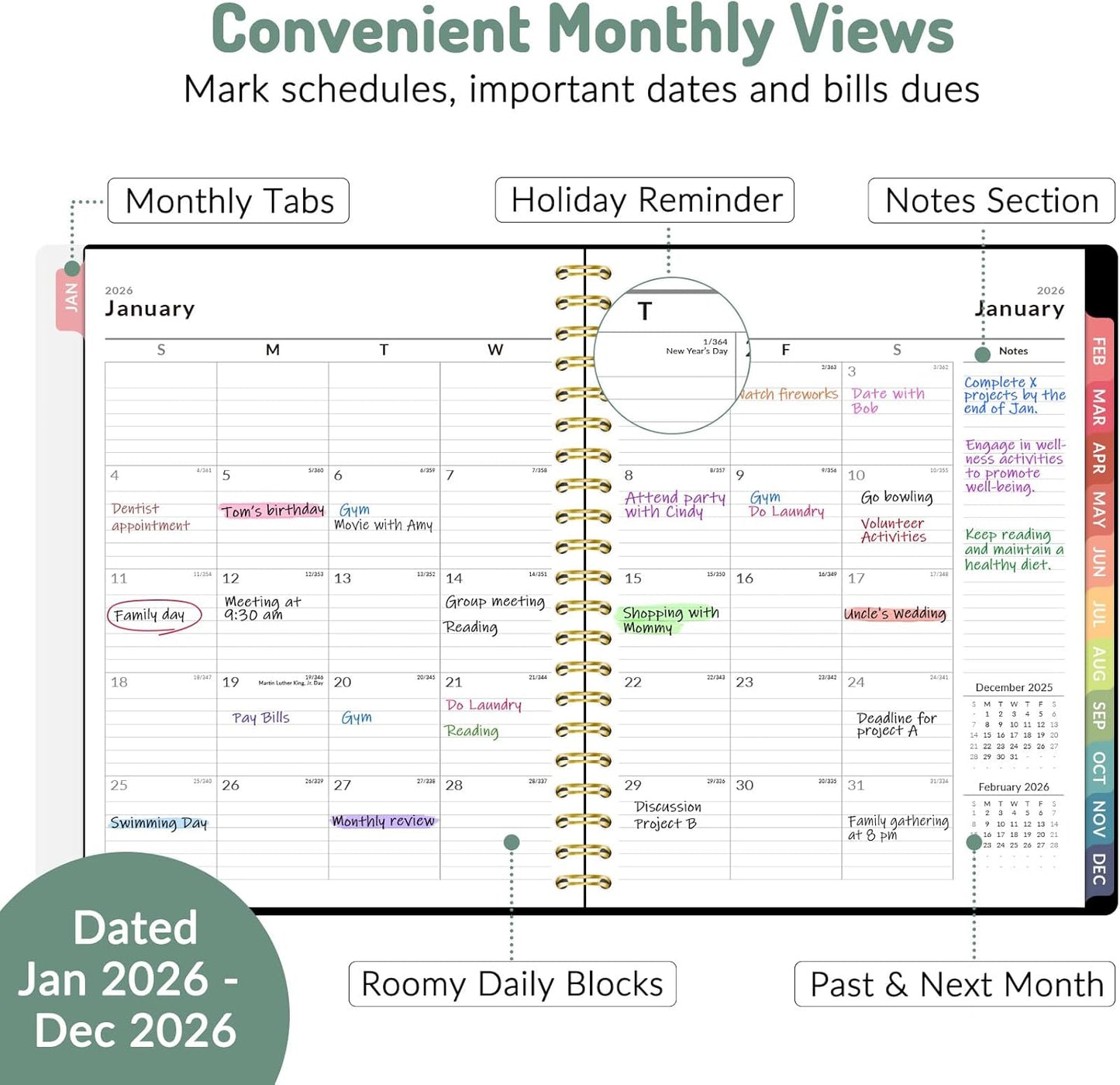 2026 Planner, Forvencer Calendar Planner Weekly and Monthly (Jan 2026-Dec 2026), 8.5" X 11", Agenda Book, Daily Journal Notebook with Tabs, Flexible Cover, Home School Organizer, A4, Pink