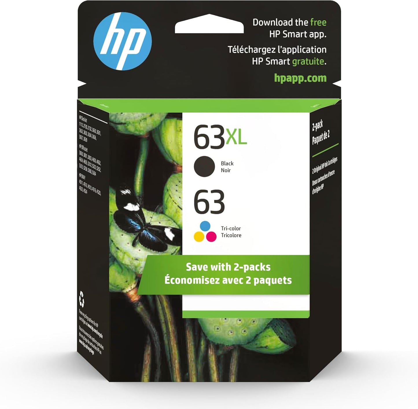 HP 63XL Black High Yield Cartridge & 62 Tri-Color Ink Cartridge, 2 Pack (L0R48AN)