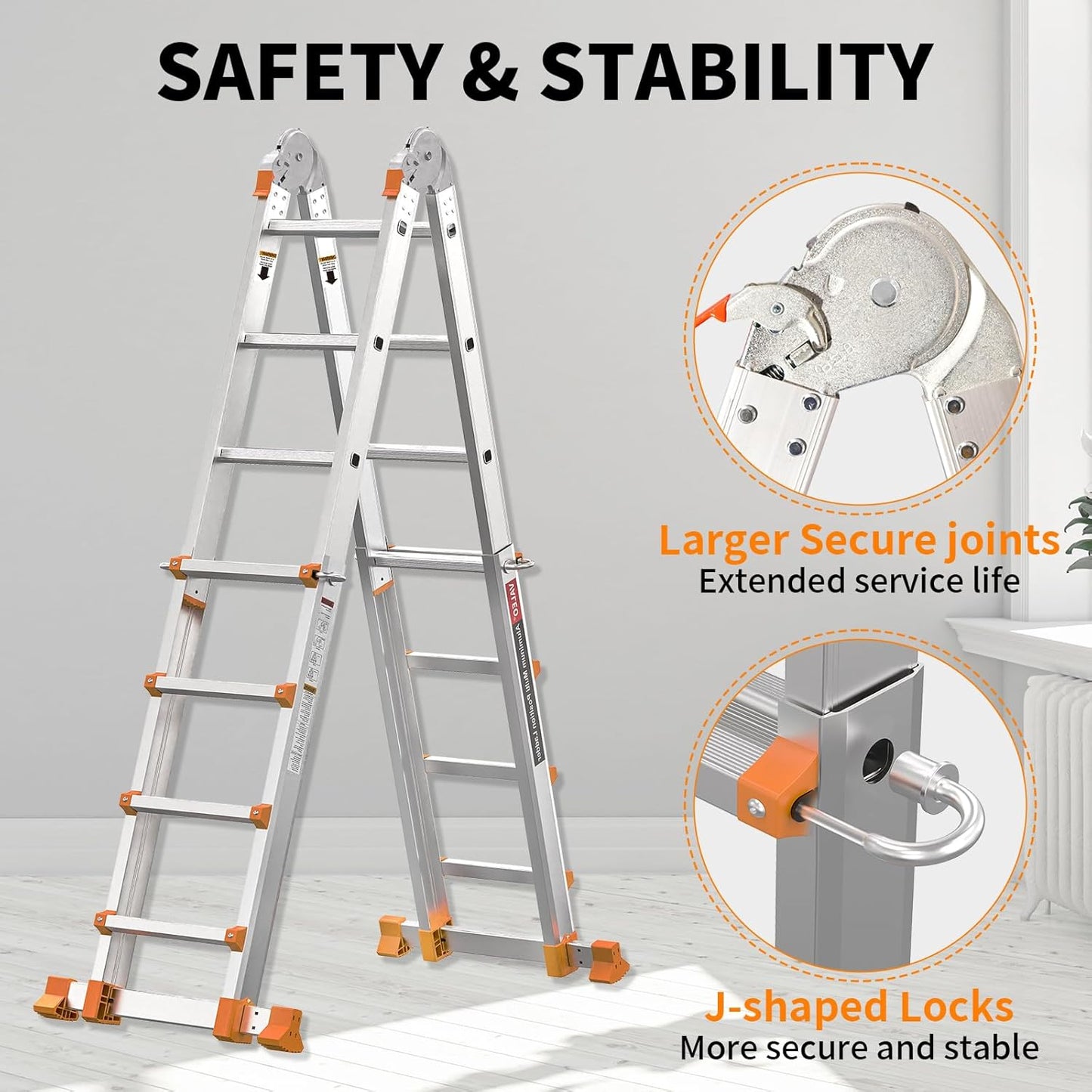 Valeo Ladder 14FT, Multi Position 4 Step Ladder Extension, Anti-Slip A Frame Folding Ladder with Removable Tool Tray, 330lbs Adjustable Telescopic Aluminum Ladders for Stairs Home Indoor Outdoor Roof