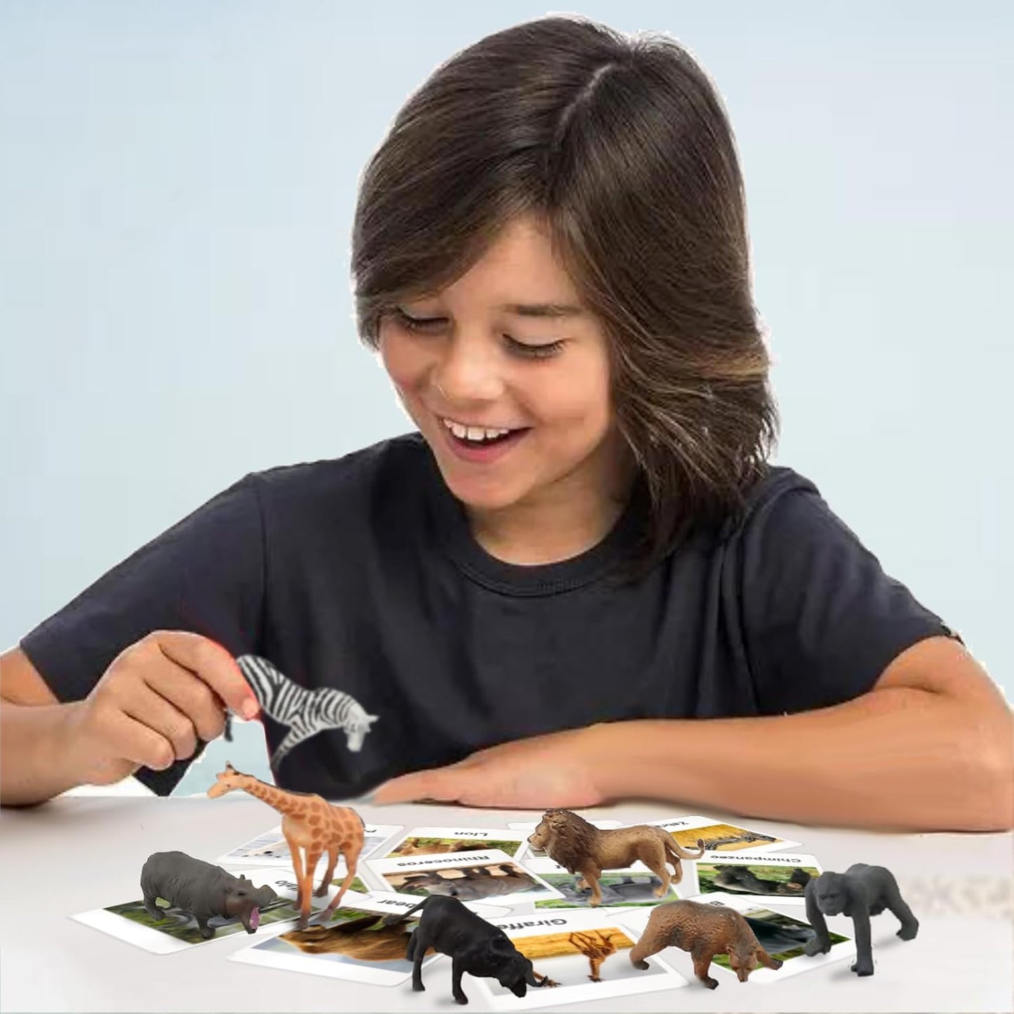 RUSON 12 Safari Animals Figures Toys with 12 Flash Cards, Realistic Mini Jungle Animal Figurines Cake Topper Party Supplies Montessori Animal Matching Game for Toddler Kids