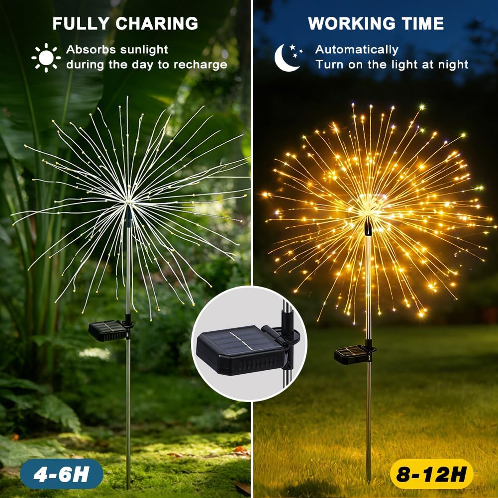 Solar Fireworks Lights for Outside, 150LED 8 Modes Fireworks Solar Lights Outdoor, Fairy Garden Flowers for Yard Pathway Wedding Party Christmas Diwali Garden Decor 2Pack (Warm White)