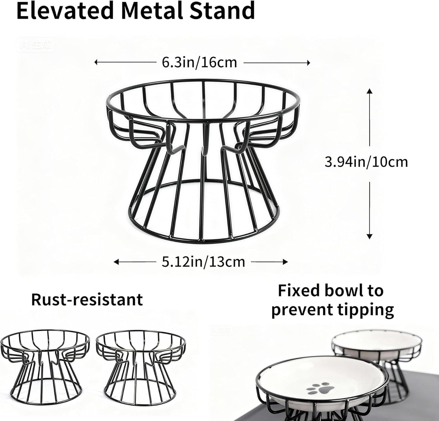 Elevated Ceramic Cat Food Bowl Set with Silicone Mat, Includes 2 Ceramic Bowls and 2 Bowl Stands Protects Neck and Whiskers, Leak-Proof Design, Dishwasher Safe Suitable for Cats and Puppies