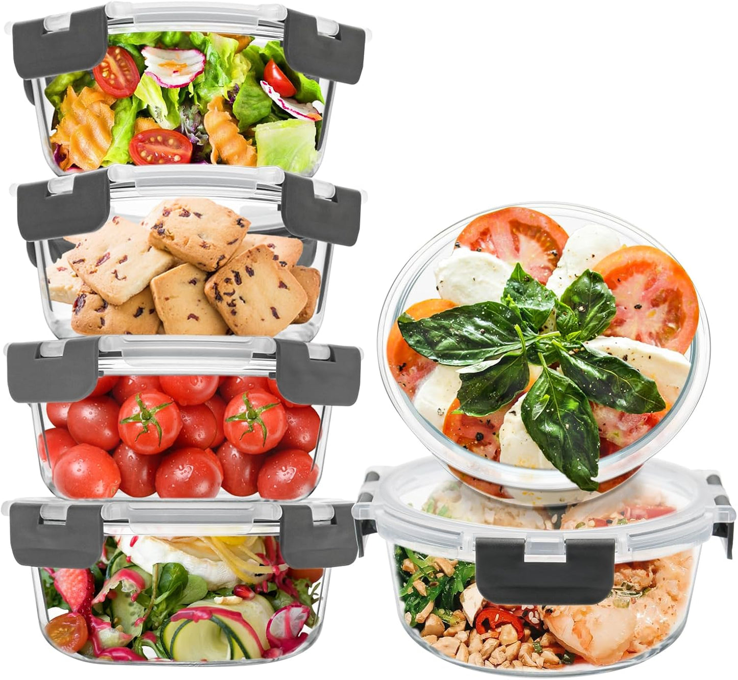6 Pack Glass Food Storage Containers with Lids, Ideal for Meal Prep, Leftovers, Freezer to Microwave Safe (Grey, 21oz)