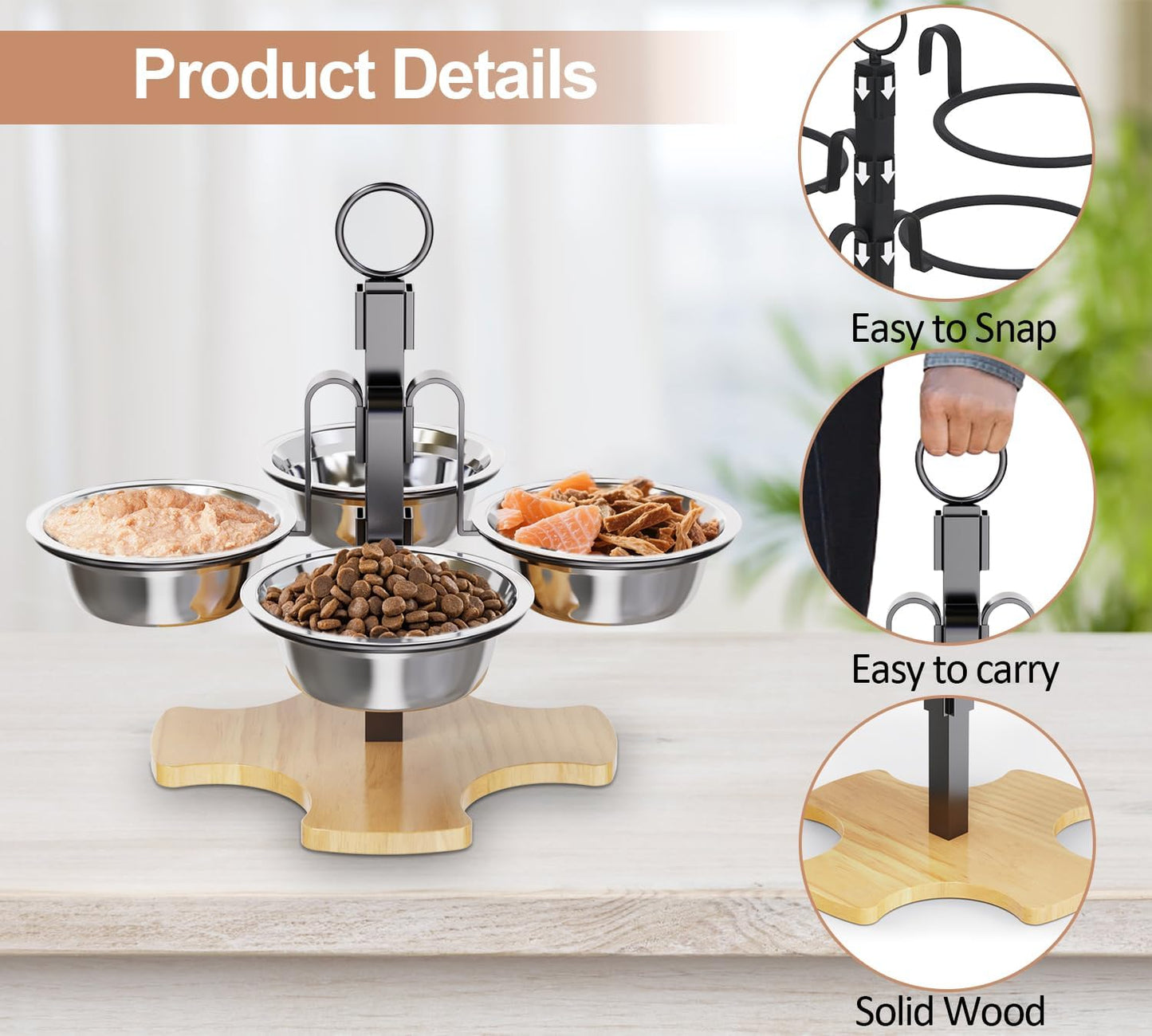 Elevated Cat Food Bowls, 3 Adjustable Heights Raised Cats Bowl for Indoor Cats Small Dogs with 4 Stainless Steel Bowls, Pet Food and Water Bowl
