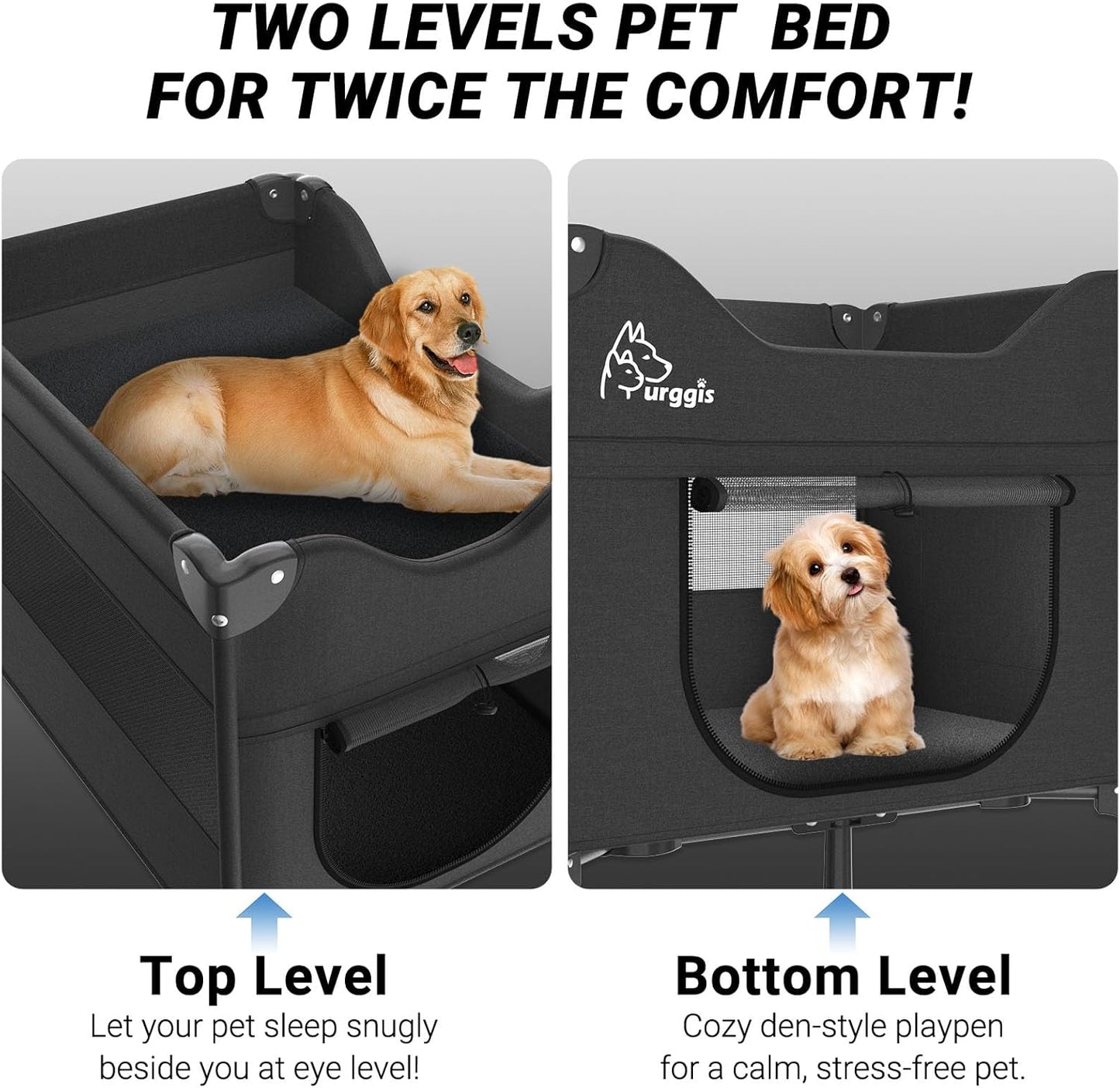 Upgraded Dog Bunk Bed, Portable Bedside Lounge Pet Bed, Dog Beds Attachment to Human Bed, Bedside Dogs Bed for Small, Medium Cats & Dogs, Pet Window Perch- Black