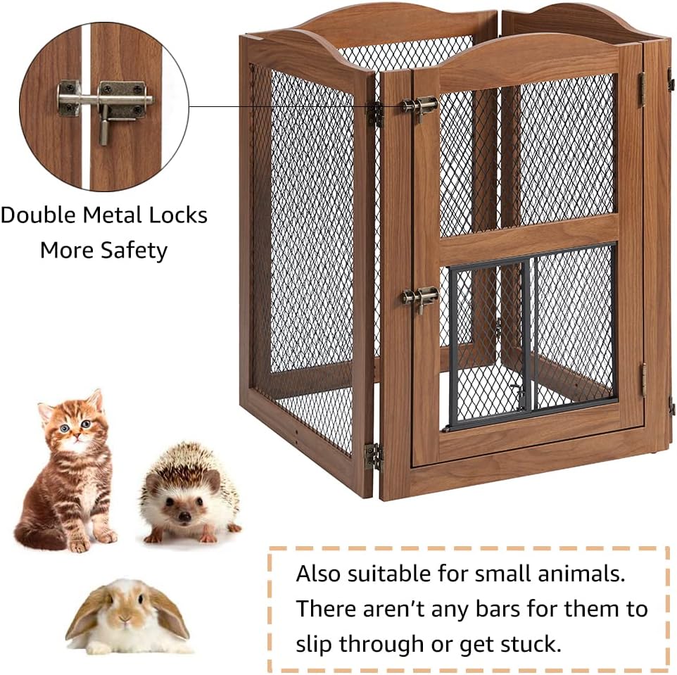 beeNbkks Freestanding Pet Gate with Cat Door, Dog Proof Cat Gate, Indoor Dog Gates for The House Doorways Stairs, Metal Mesh Wooden Small Animal Pet Barrier with Walk Through Door and Support Feet
