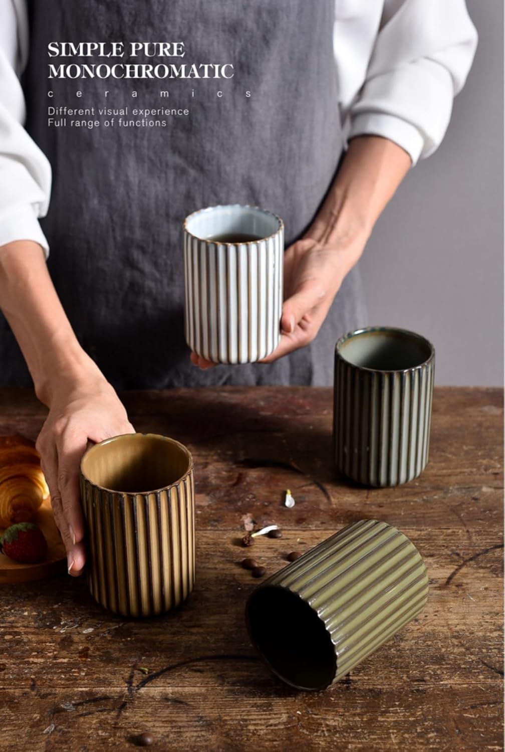 Stoneware Coffee Bar Utensil Holder Tea & Coffee Spoon & Stirrer Holder for Stir Stick Straw Teaspoon Holder Spoon Cup Small Utensil Jar Fluted Vertical Stripe (Rustic Brown)
