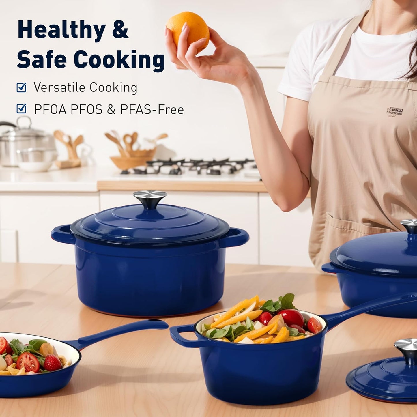 DishDelight 7 Pcs Enameled Cast Iron Pots and Pans Set, Induction Enamel Coated Cookware, Blue Dutch Oven Set with Lids, Oven Safe up to 500° F or on All Stovetop, PFOA&PFAS Free