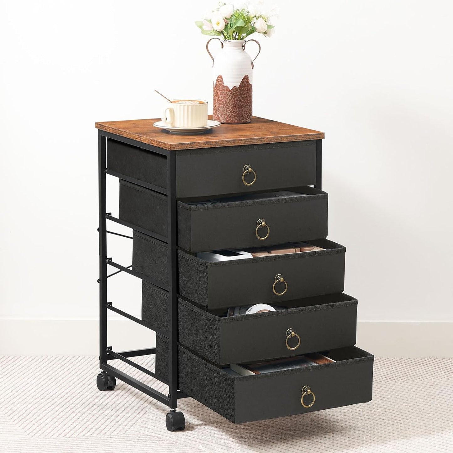 HOOBRO 5-Drawer Chest, Office File Cabinet with Drawers, Rolling Printer Stand, Filing Cabinet for Living Room, Home Office, Nonwovens Drawer, Easy Assembly, Black BFK50WJ01