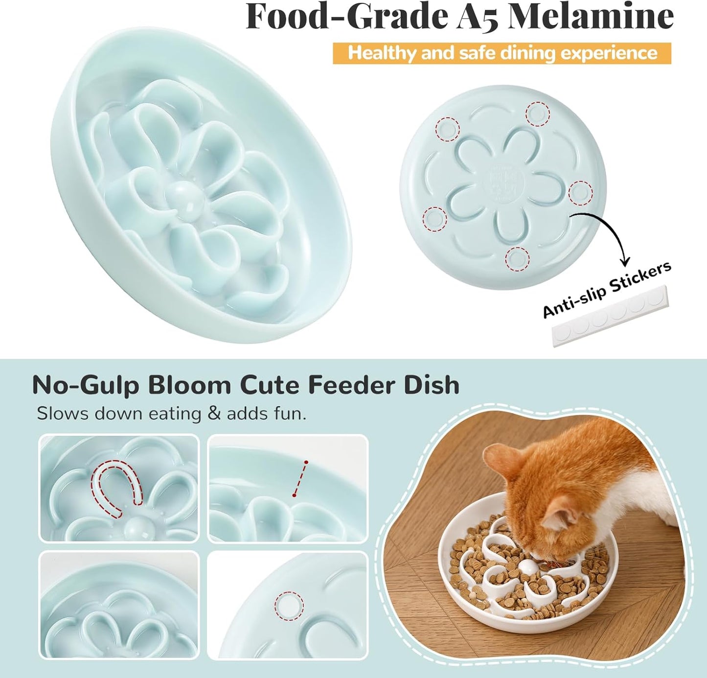 Melamine Cat Slow Feeder Bowl - Floral Maze Cat Food Dish - Flat Plate for Dry & Wet Food - Cute Kitten Bowl - Dishwasher Safe - 6.3'' W x 1'' H - 5.5 oz (160g) - White