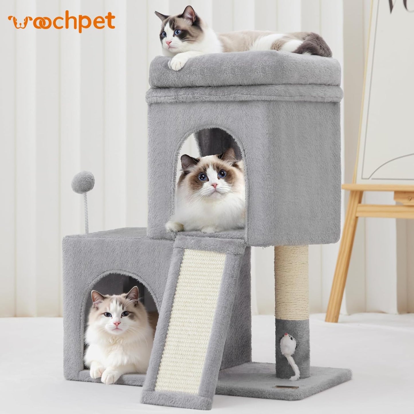 24inch Tall Cat Tree with 2 Cat Condo and Mouse Toy Cozy Small Cat Tower with Scratching Post and Board for Kitties and Small Cats.（Light Grey） (22 * 13 * 28)