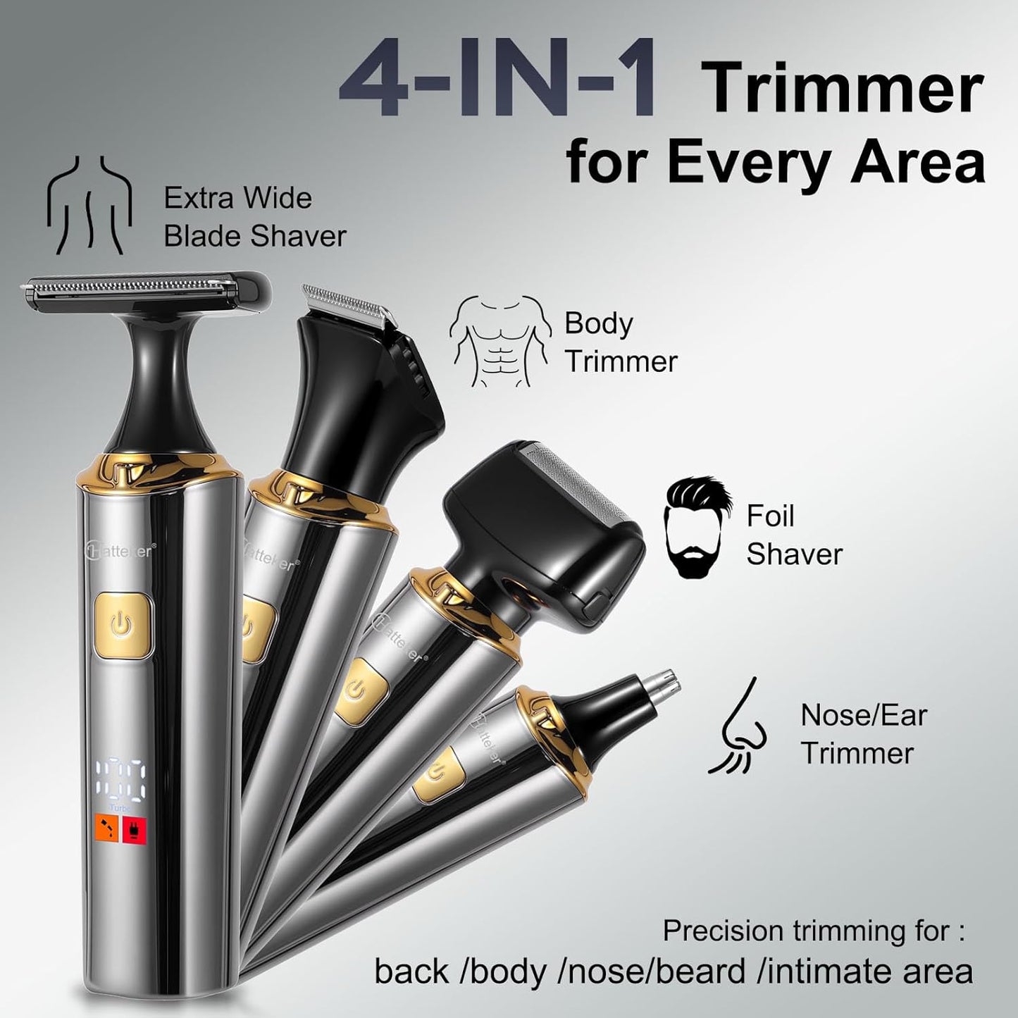 Electric Mens Back Shaver Body Trimmer Hair Groomer 4 in 1 Kit with Extendable Auxiliary Arm Waterproof Facial,Chin,Arm,Back,Pubic Hair Trimmer Grooming Set