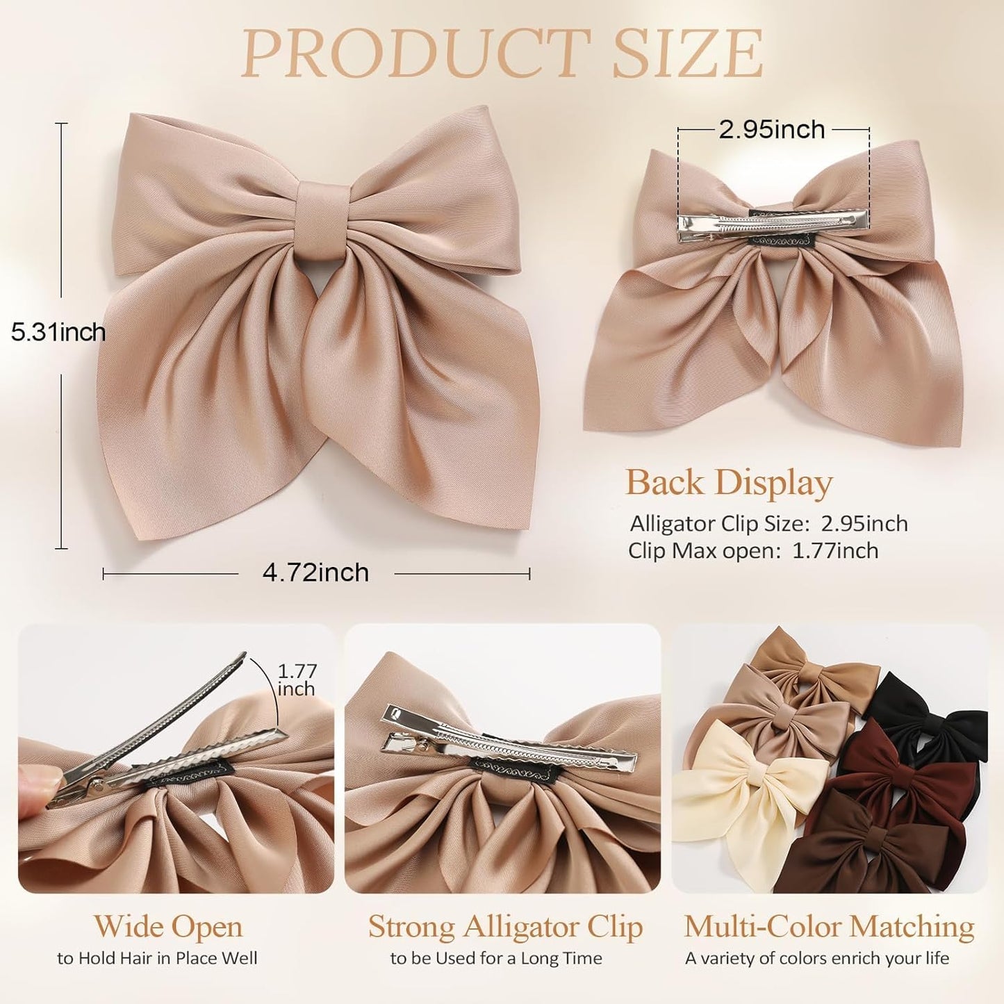6Pcs Hair Bows for Women, Bow Hair Clips, Silky Satin Hair Bows for Girls, Neutral Colors Hair Ribbon, Cute Bow Clips for Women, Hair Accessories Gifts