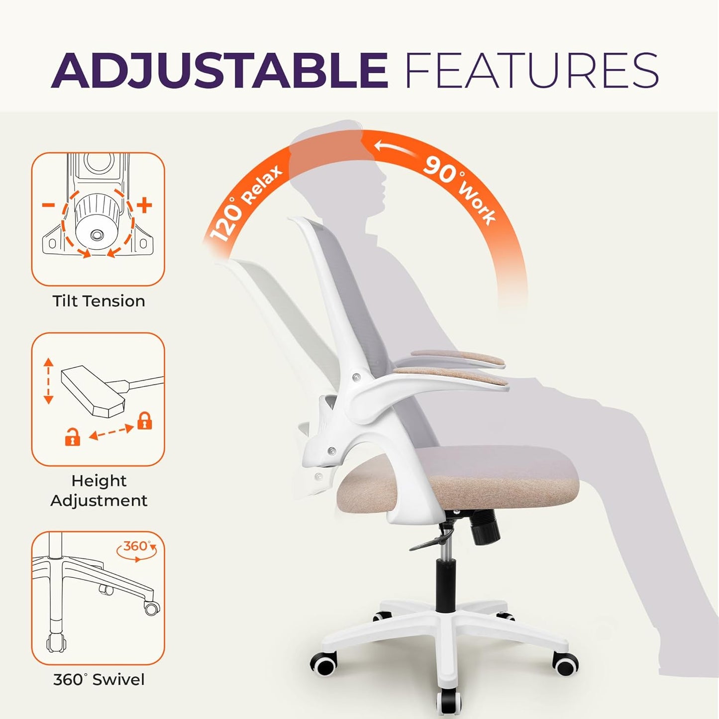 NEO CHAIR Office Desk Computer Gaming Ergonomic Chair with Lumbar Back Support Adjustable Height Swivel Wheels Flip-up Arms Mesh Chair for Home or Office (Beige)