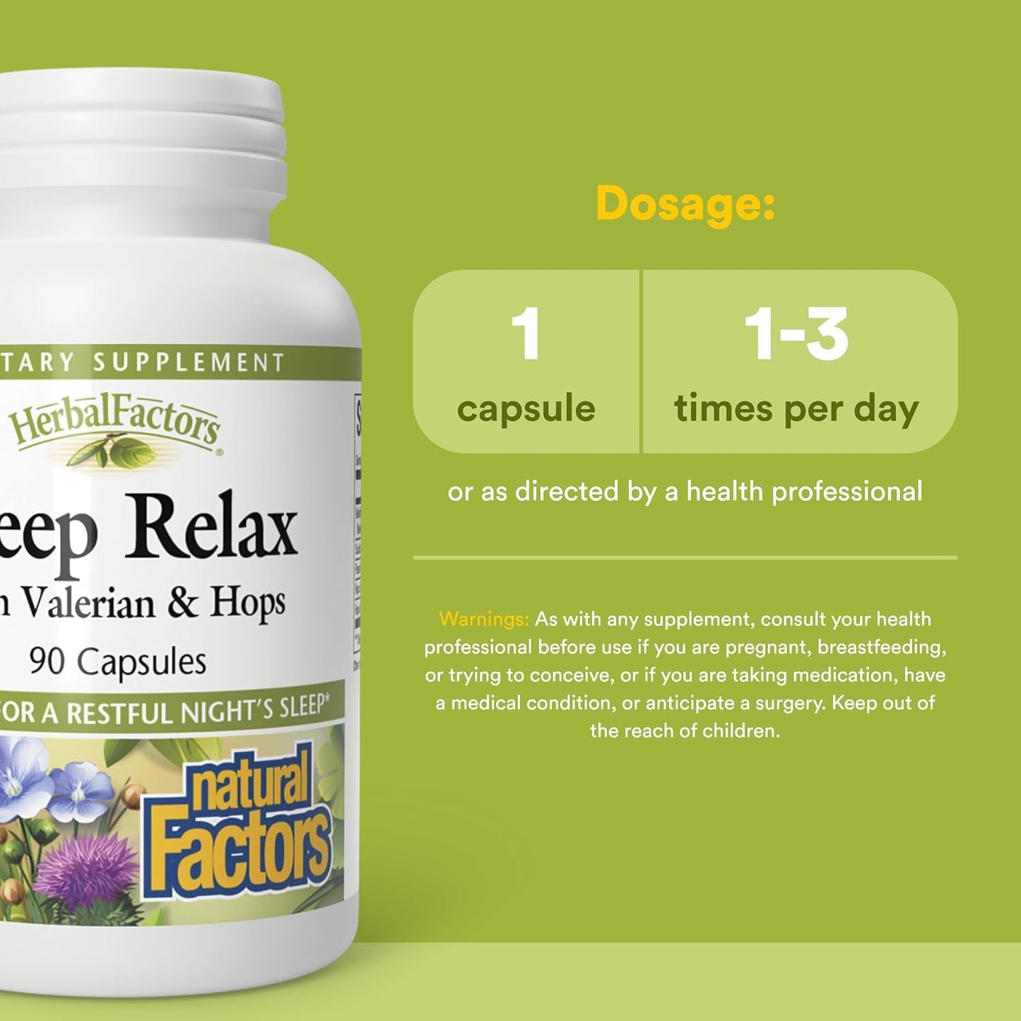 Herbal Factors Sleep Relax Formula by Natural Factors, Natural Sleep Aid with Valerian Root, Passion Flower and Skullcap, Non-GMO, 90 capsules (90 servings)