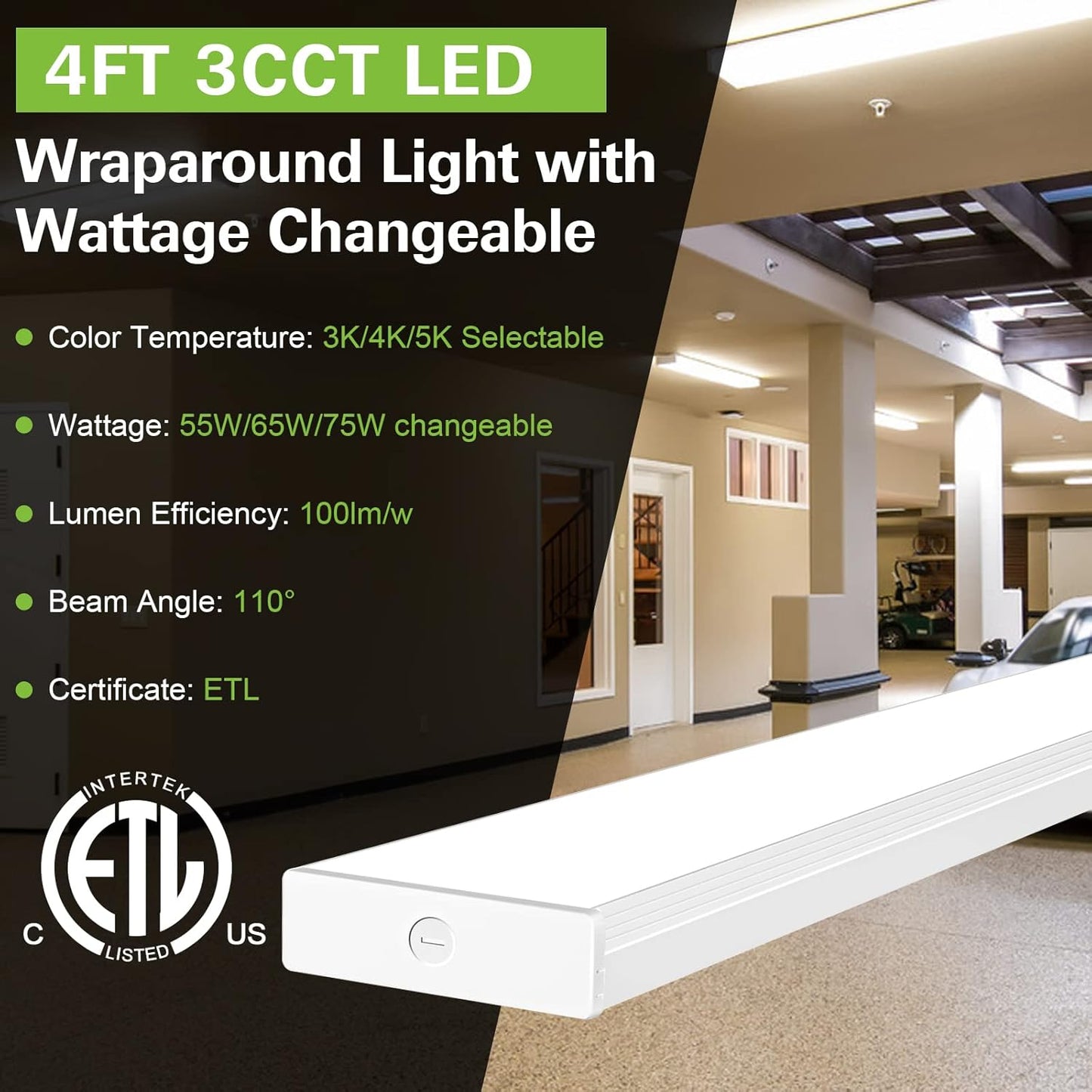 hykolity 4 Pack 4FT LED Wraparound Light with 3 Wattages/3 Lumens/3 CCT Selectable,55W/65W/75W,5500lm/6500lm/7500lm,3000K/4000K/5000K 4 Foot LED Wrap Light Fixture,Flush Mount Office Ceiling Light,ETL