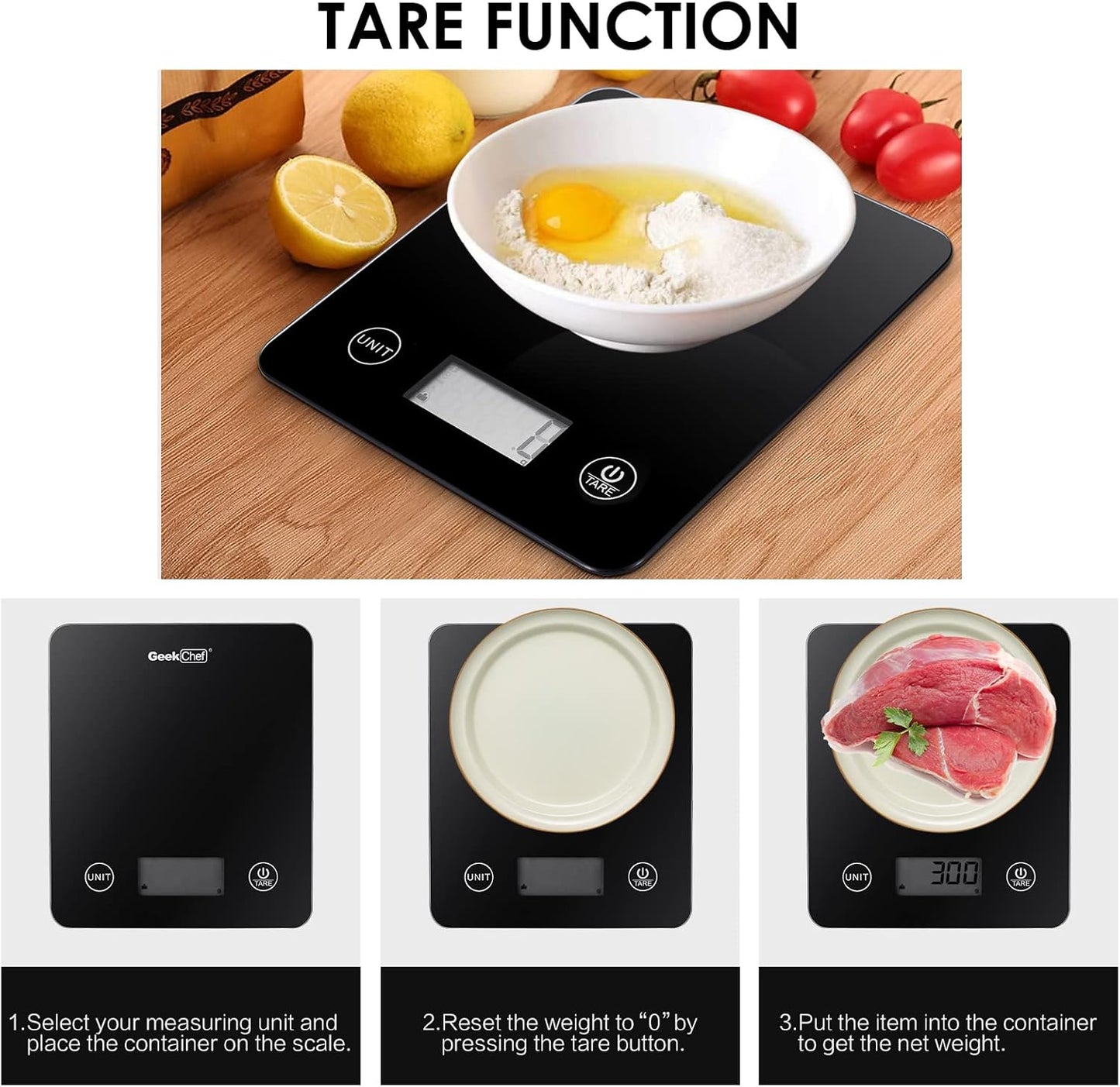 Geek Chef Digital Scale with App, Scale for Food Weight, Smart Food Nutrition Scale, Digital Kitchen Scales, Cooking Tool of Kitchen,1 lb/oz Black Glass