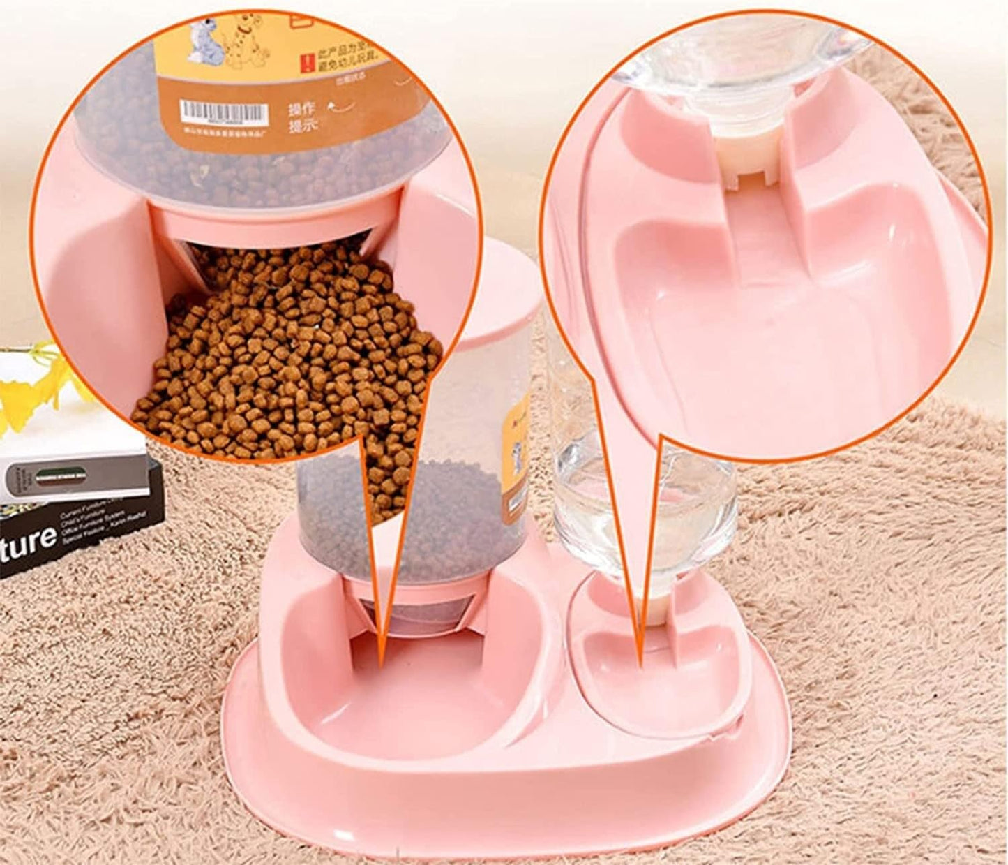 Dispenser Automatic Feeder New 4L Large Capacity Dualuse Automatic Unplugged Gravity Pet Food Feeder and Water Dispensers Dog Food Bowl Cat Drinking for Supplies Pets cat Fountain (Pink)