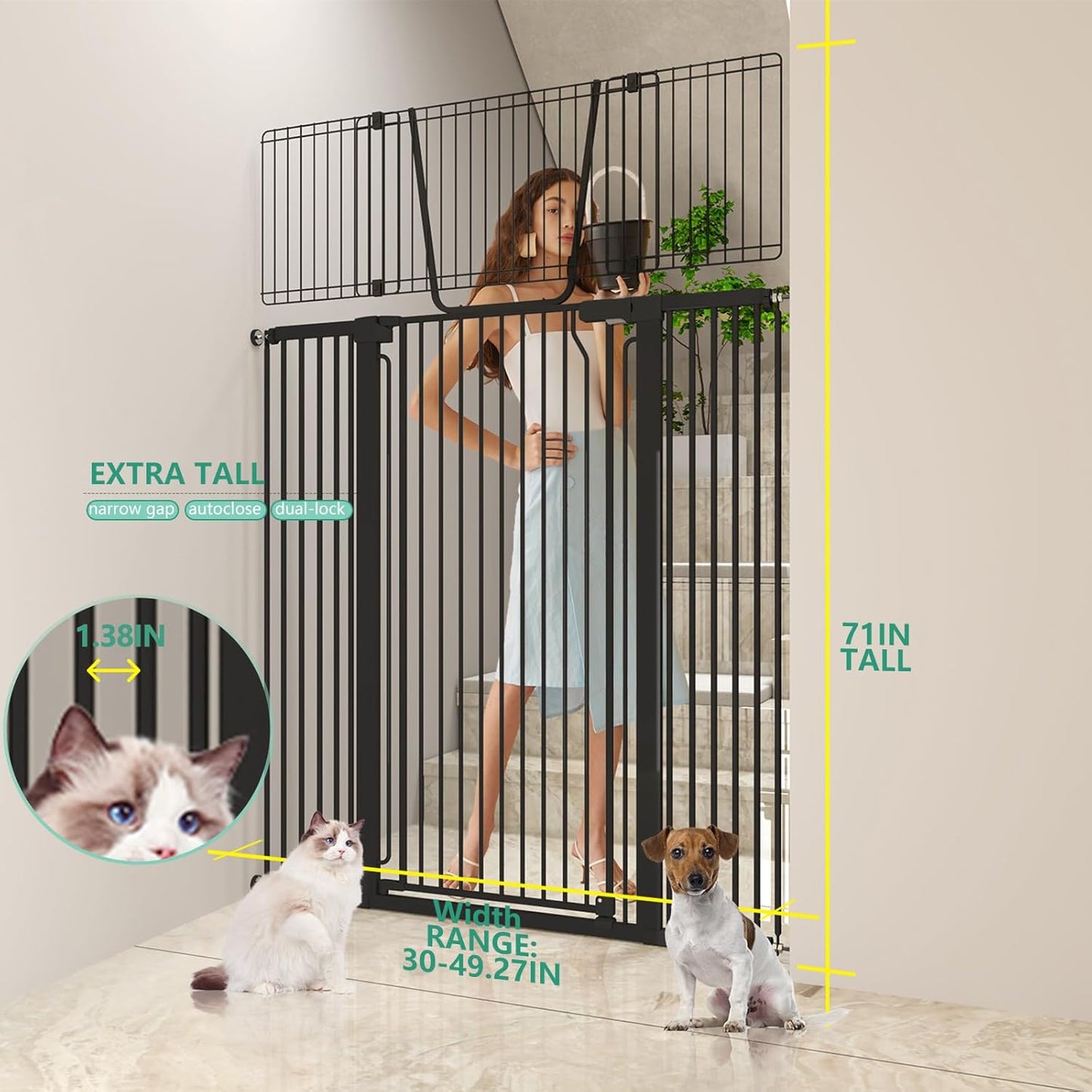 Jiprlak51 Extra Tall Cat Gate for Doorway – 30"-49.27" Extra Wide Pet Gate with Adjustable Cat Door Wide,Auto Close, Pressure Mounted, Pet Gate for Cats & Small Dogs, Hallway, Stairs, Kitchen