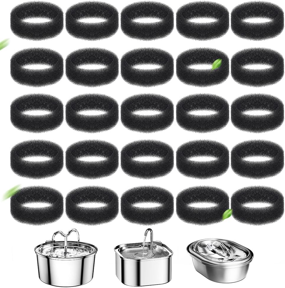 25 Pack Cat Fountain Sponge Pet Water Round Filter Foam for Cat Drink Fountain Filter Sponge Replacement for 2.5 L/84 oz 2.2 L/ 74 oz Compatible with SMA-800 Water Pump (Black, 25 Sponges)