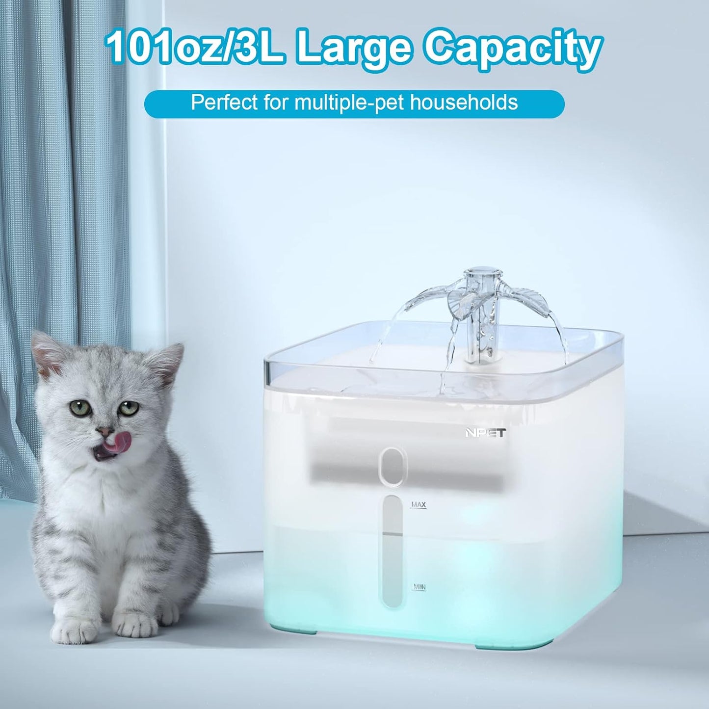 NPET Cat Water Fountain, 3L Automatic Pet Drinking Fountain Dog Water Dispenser with Quadruple-Action Filter (Semi-White, with an Adapter)