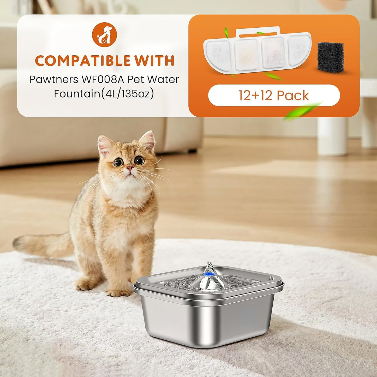 12 Pack Replacement Filters Compatible with Pawtners WF008A Pet Cat Dog Water Fountain (4L/135oz), Refill Filters with 12 Sponges