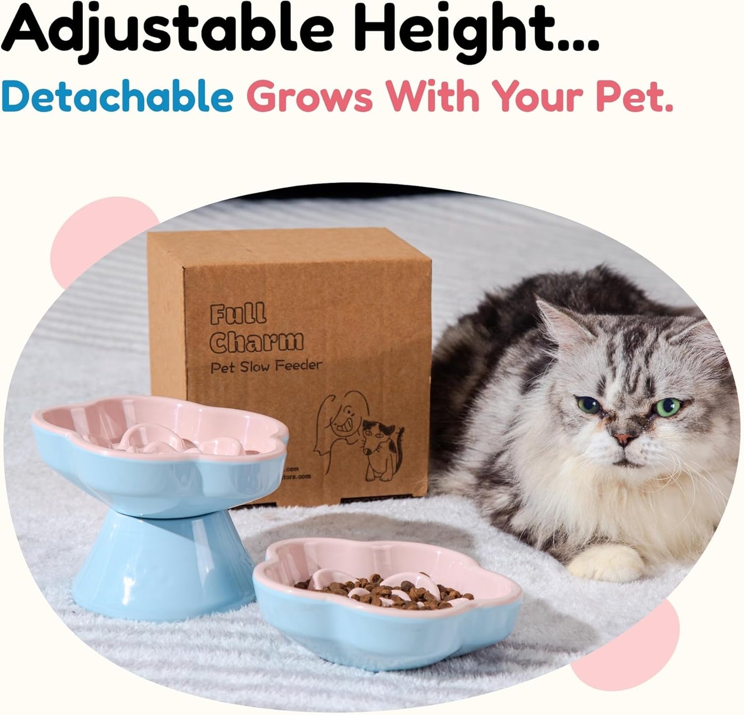 2Pc Raised Slow Feeder Cat Bowl, Melamine Elevated Cat Bowls - Heavy Weighted, Break Resistant, Tilted Slow Feeder Bowl for Cats and Small Dogs, Non-Slip, Dry & Wet Food, Whisker Friendly (Pink, 5.8"