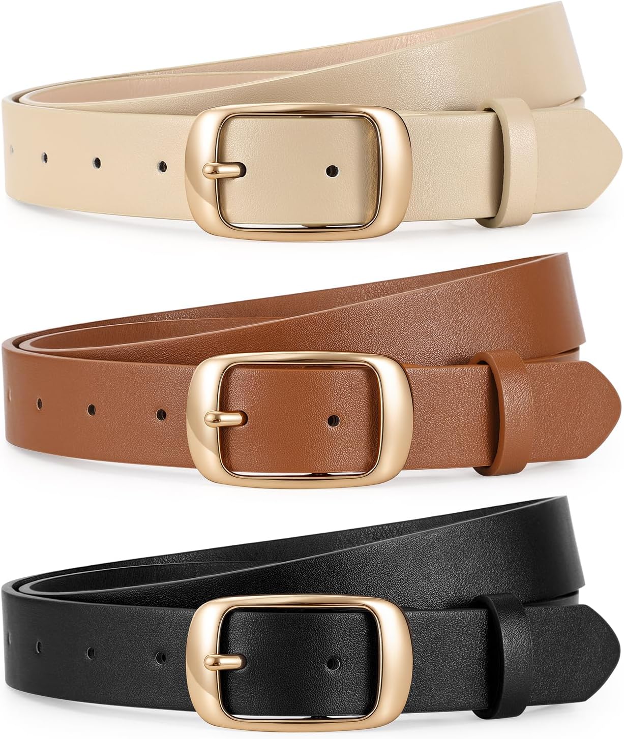 JASGOOD 3 PACK Women Belts for Jeans Pants Fashion Ladies Leather Waist Belt with Gold Buckle