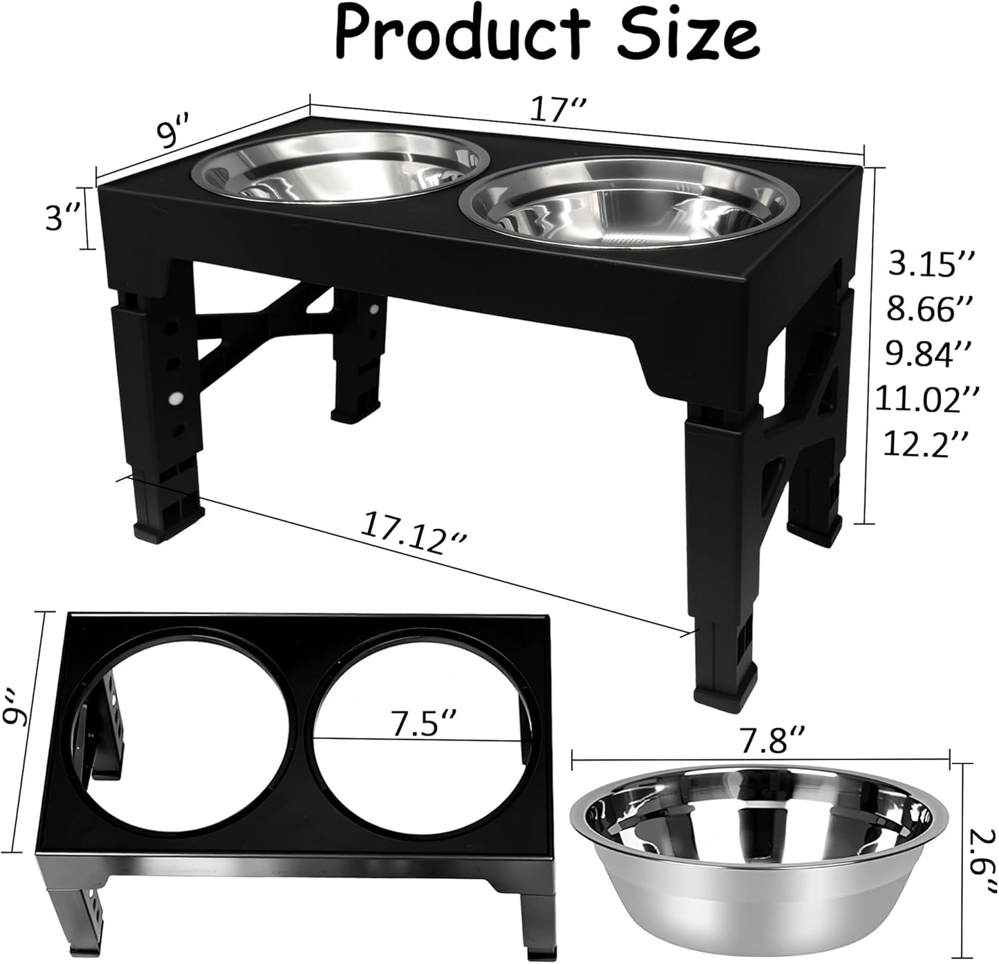 Elevated Dog Bowl Stand, Black, Adjustable Height, Double Stainless Steel Bowls,