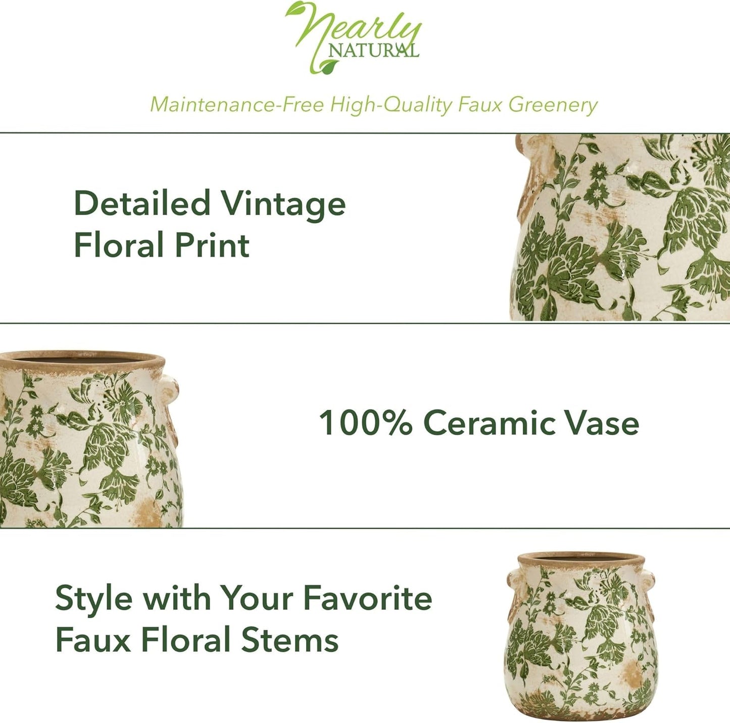 Nearly Natural 6.5in Ceramic Decorative Vase, Tuscan Style Green Floral Scroll Design For Indoor Home Shelf Table Decor