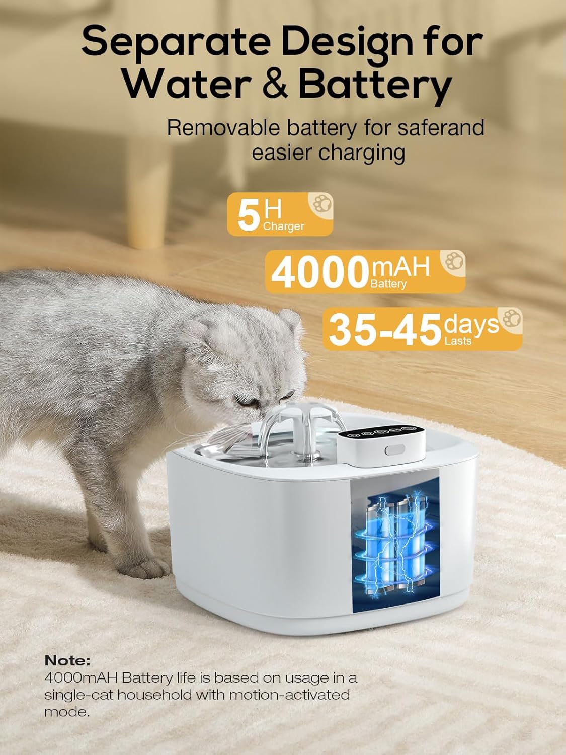 Cat Water Fountain Cordless, 108 OZ 3.2L Rechargeable Wireless Battery Operated, Pet Cat Dog Water Dispenser for Drinking, Replacement Filter,Motion Sensor, Quiet Pump