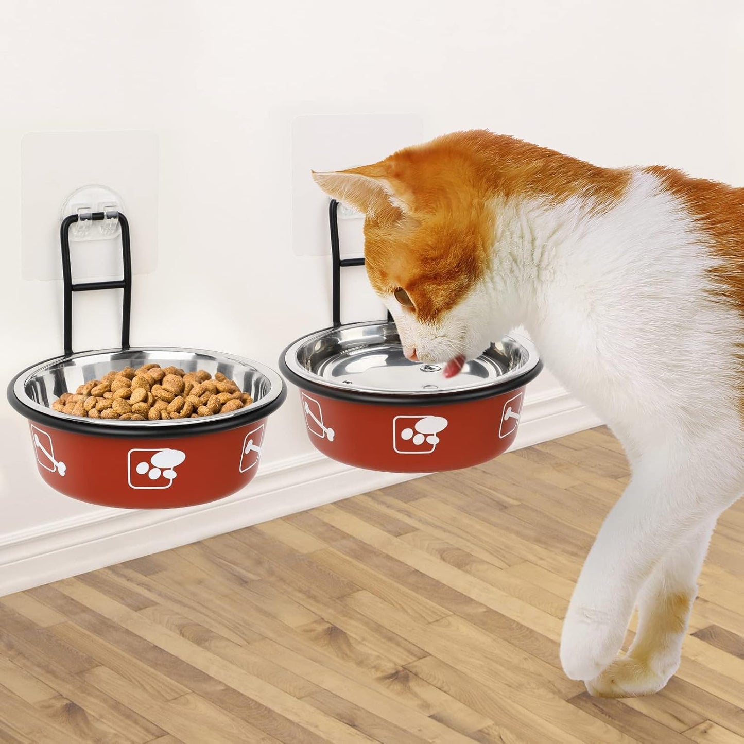 Torlam Elevated Pet Bowls, Wall Mounted Cat Food Dish, Raised Cat Food and Water Bowls, Stainless Steel Elevated Pet Bowls with Stand, Nonslip No Spill Pet Feeding Bowls (2 Packs) (Red)