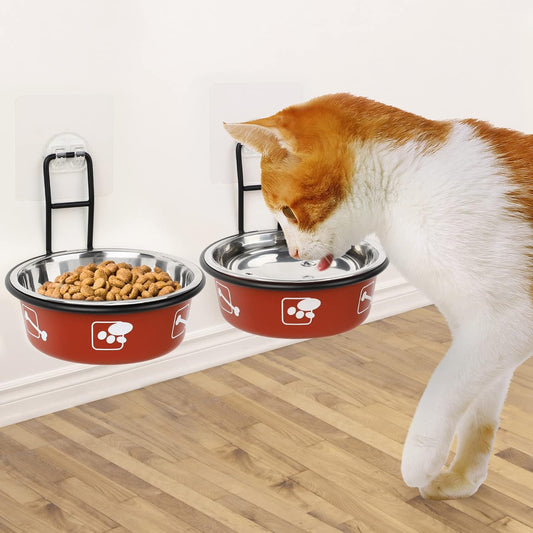 Torlam Elevated Pet Bowls, Wall Mounted Cat Food Dish, Raised Cat Food and Water Bowls, Stainless Steel Elevated Pet Bowls with Stand, Nonslip No Spill Pet Feeding Bowls (2 Packs) (Red)