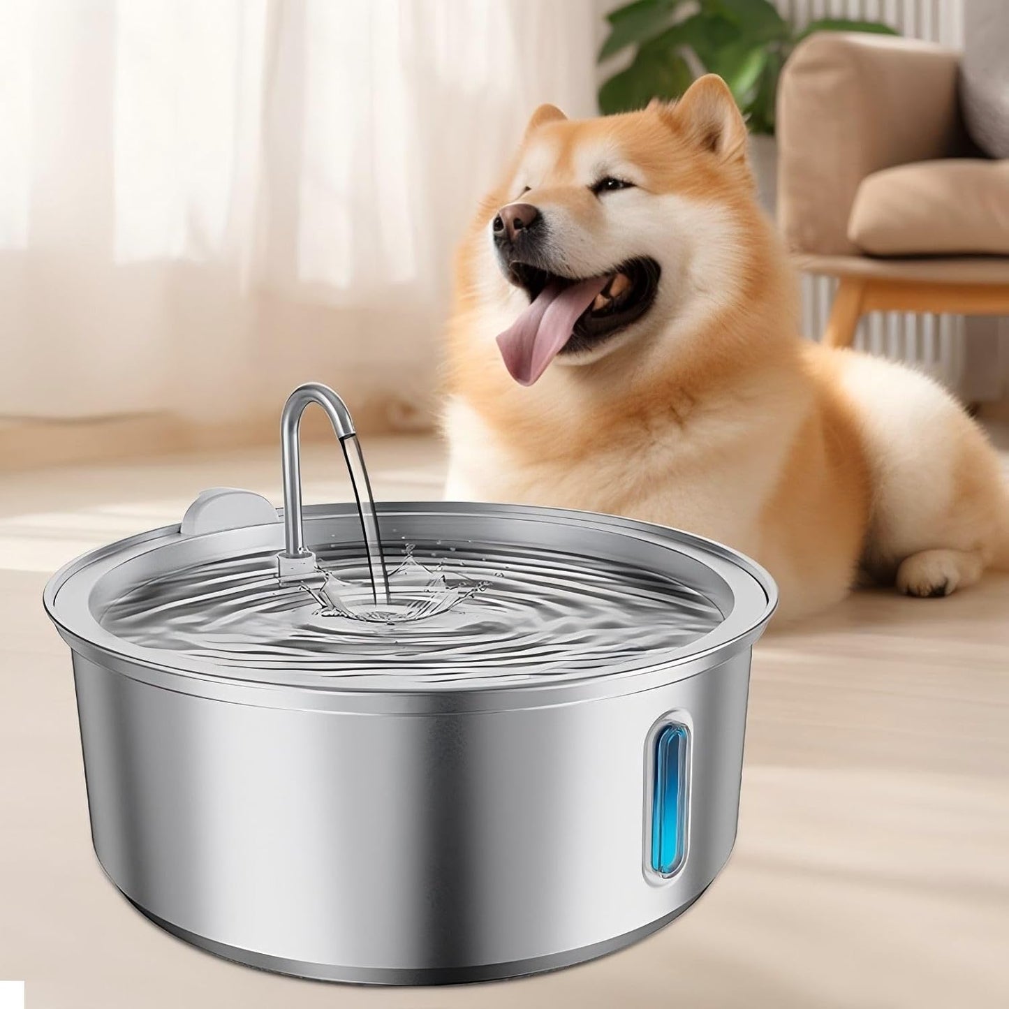 Large Dogs Water Fountain, 8L/270oz Stainless Steel Dog Water Fountain with Visual Water Level Window for Large for Families with Many Pets and Busy Families. with Operating Noise Below 30 decibels
