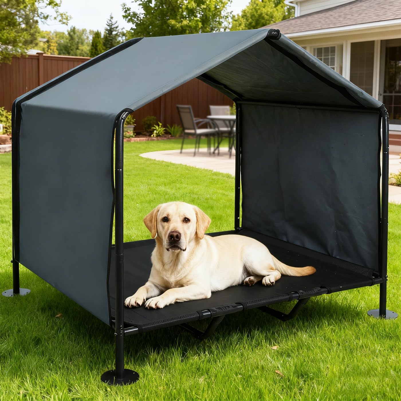 Outdoor Dog House for Large Dogs, Raised Dog Bed with Removable Waterproof Shade Cover, Portable Pet Shelter for Camping, Patio & Yard