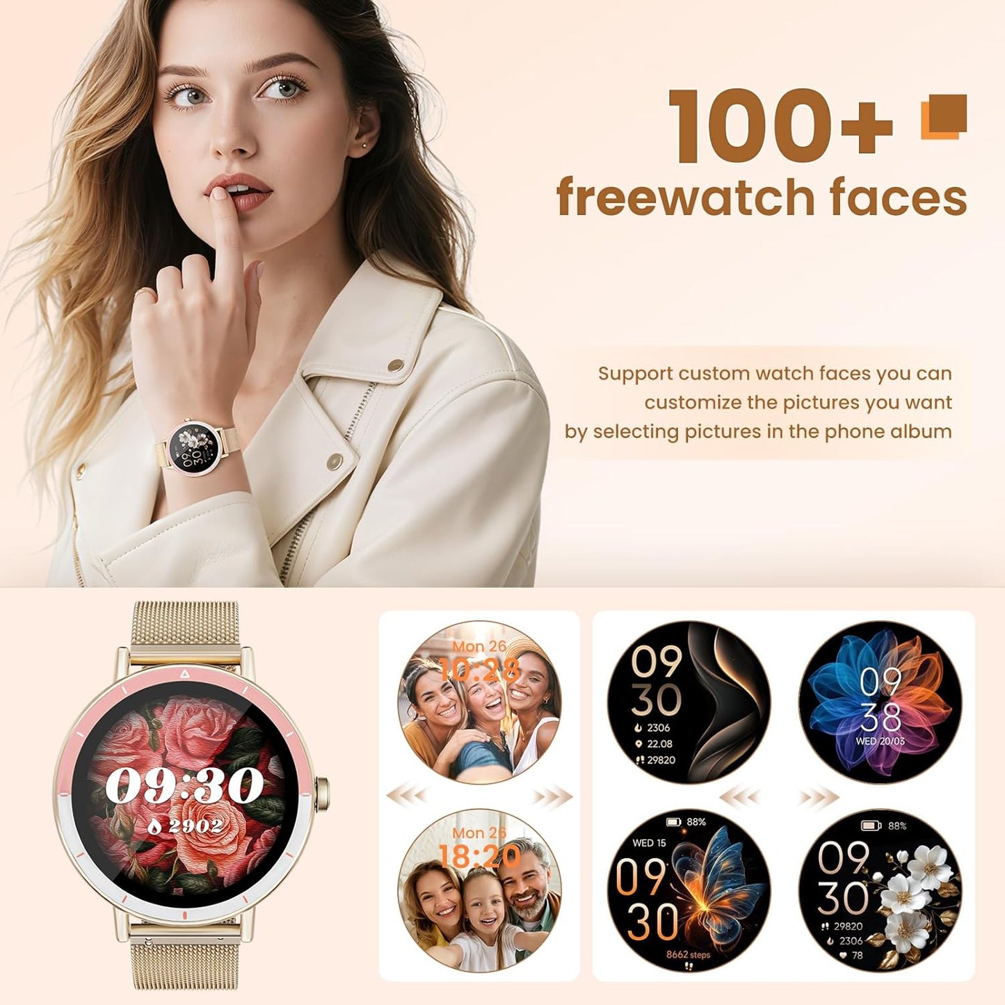 KEEPONFIT Smart Watches for Women Android/iPhone, IP68 Waterproof Fitness Tracker with Bluetooth Calls(Answer&Make), Activity Pedometer/Heart Rate/SpO2 Monitor/100+ Sports Model