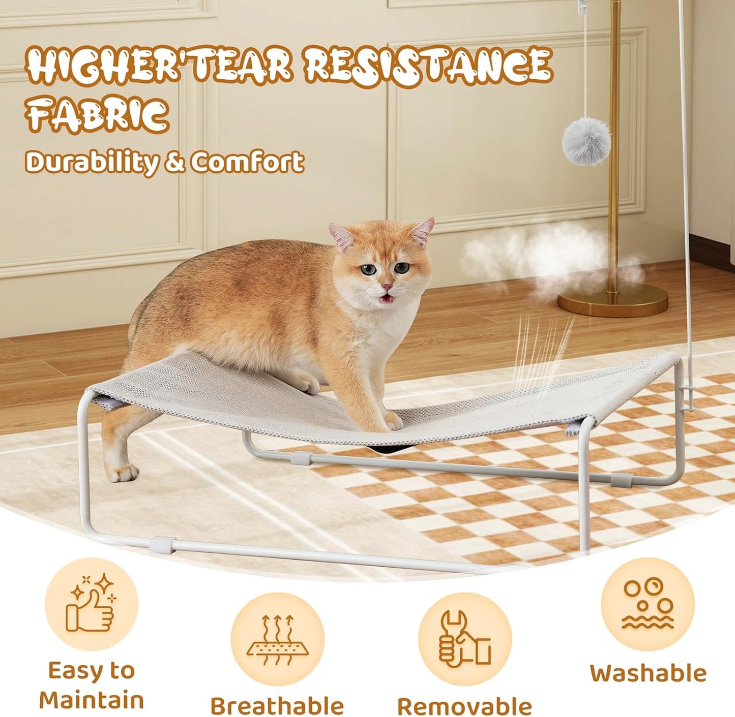 Elevated Cat Hammock Bed,Large Breathable Cat Beds for Outdoor and Indoor,Water Repellent Fabric,with Hanging Ball Toy,Removable Cover,Portable Pet Bed Raised Cuddler for Sleeping Kittens, Small Dog