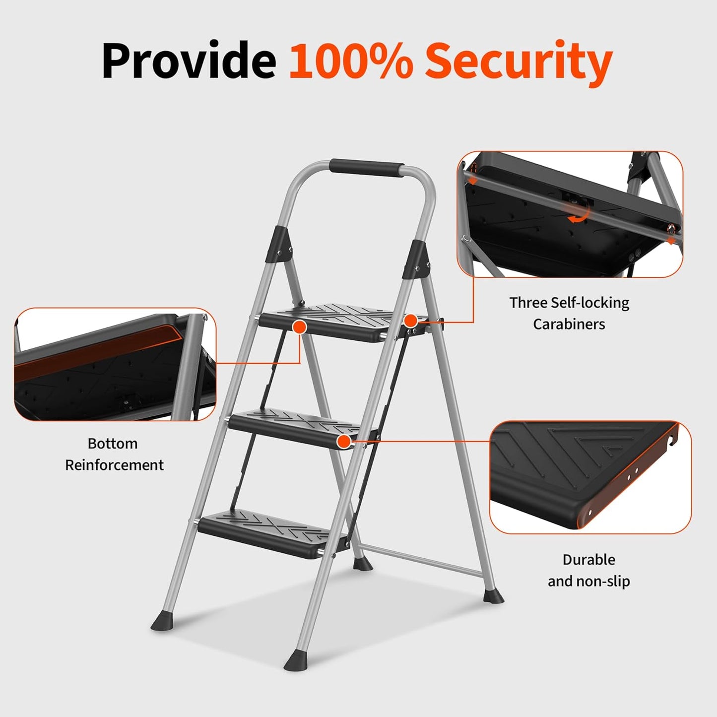 3-Step Ladder Folding Step Stool with Anti-Slip Wide Pedal & Soft Handle, Heavy Duty Steel Construction, 900 lbs Capacity for Home & Office, Grey