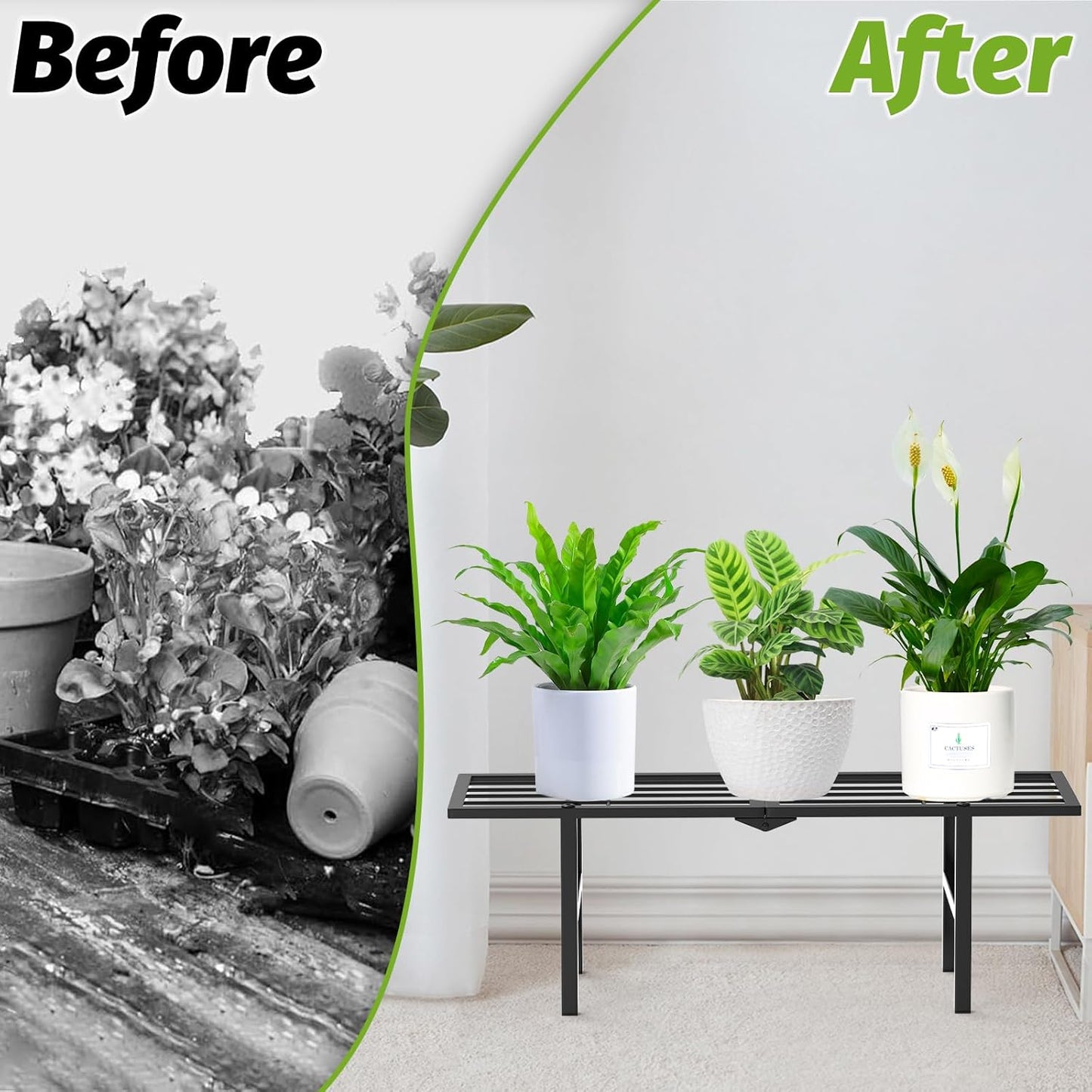2 Pack 1 Tier Plant Stand Indoor Outdoor- Foldable Metal Plant Shelf, 8.7" Narrow Space-Saving Design for Multiple Plants, Modern Flower Pot Holder Display for Garden Patio Balcony, Black