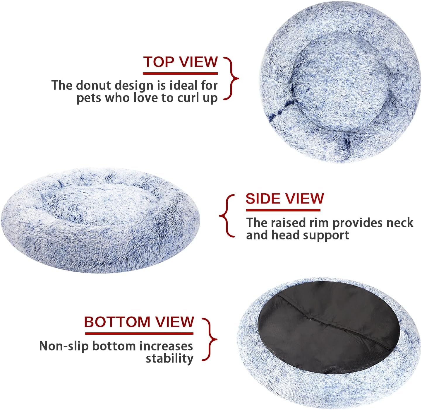 Bedfolks Calming Donut 강아지 침대, 58.4cm(23인치) 둥글고 푹신한 강아지 침대, 소형견용, 세탁기 세탁 가능한 불안 방지 플러시 강아지 침대(네이비 블루, 스몰)