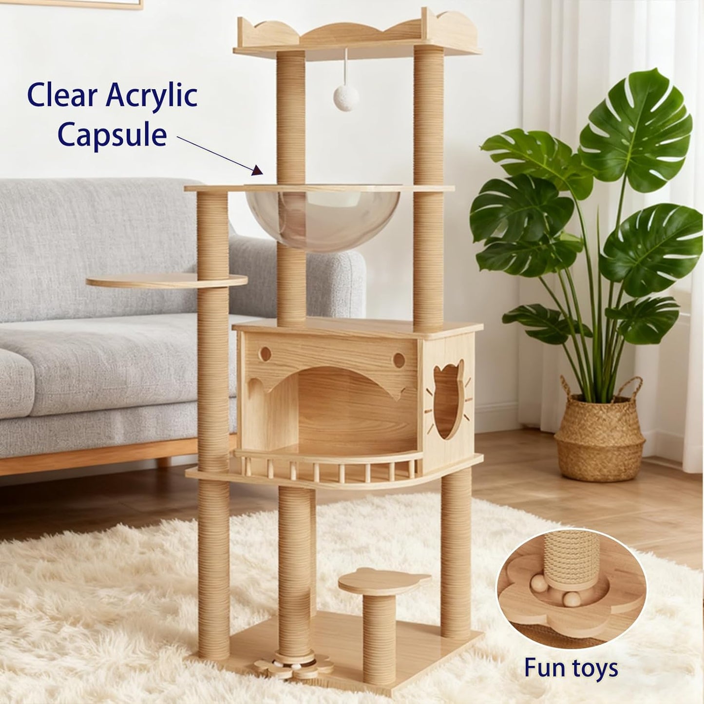 KVIDA Solid Pine Wood Cat Tree for Indoor Cats, 56.7” Tall Modern Cat Tower with Clear Acrylic Hammock & Condo House, Heavy Duty Wooden Cat Tree for Large Cats with Sisal Scratching Posts