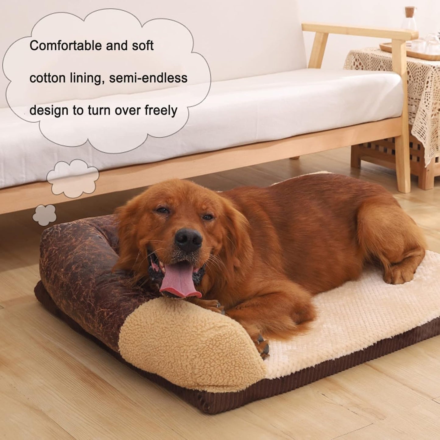 Pet Dog Bed Orthopedic Coral Fleece Furniture Cover with Anti-Slip Back Suitable for Sofa Super Soft Plush Dog Couch Protector with Memory Foam Neck Bolster for Dogs and Cats Washable (Beige Large)