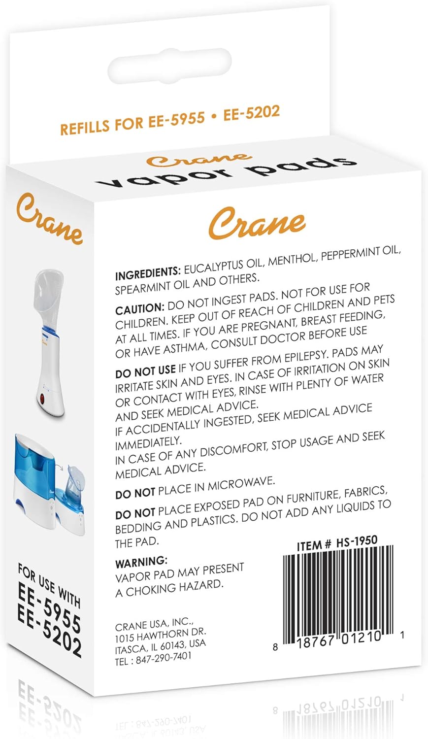 Crane Menthol-Eucalyptus Universal Vapor Pads, 12 Pack, for use Droplets, Corded Inhaler, Warm Mist humidifier