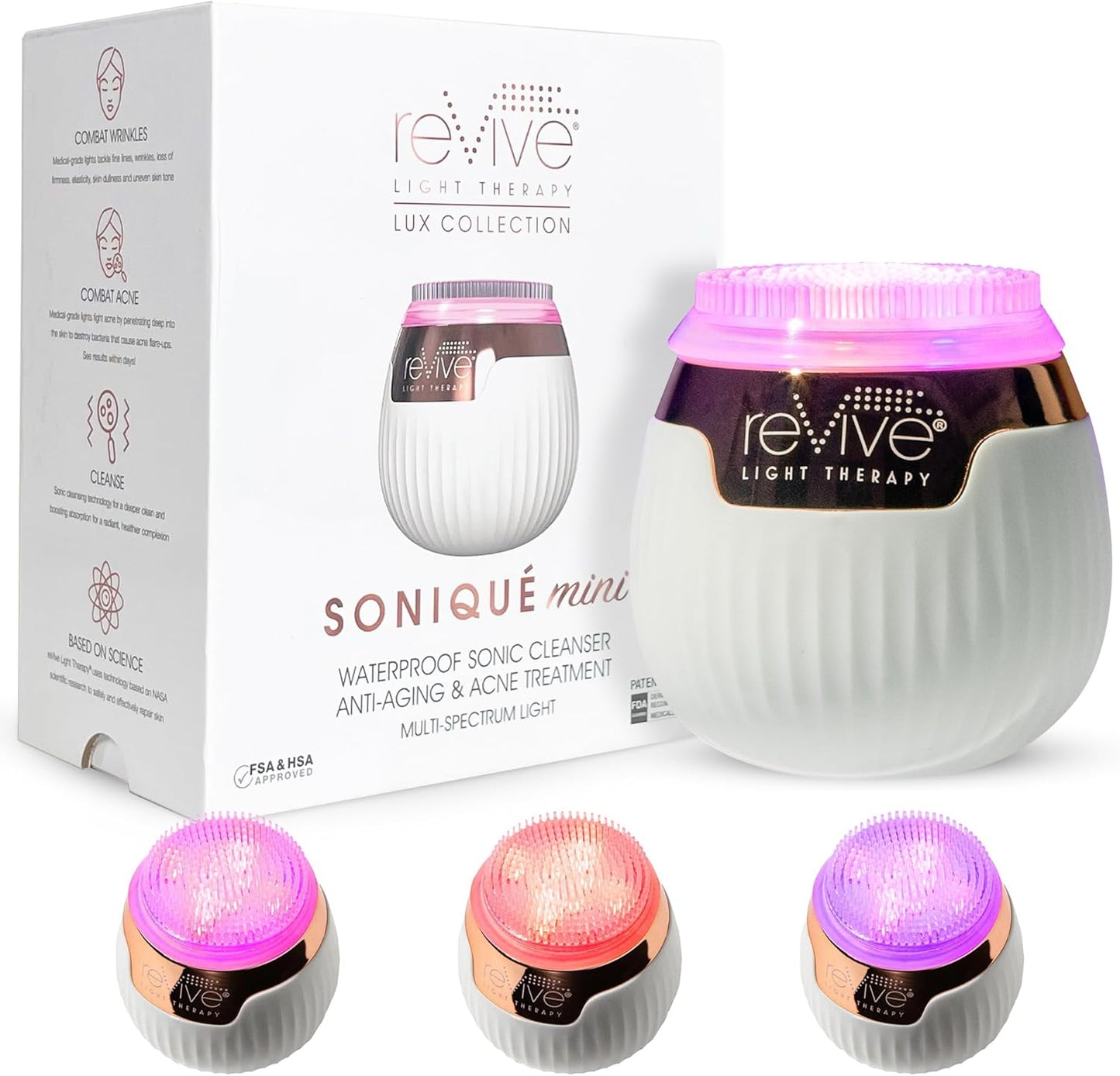 reVive Light Therapy Lux Collection Soniqué Mini, Rechargeable Sonic Face Cleanser Brush with Medical-Grade Blue & Red Light Therapy for Face, Acne & Wrinkle Care, Water-Resistant
