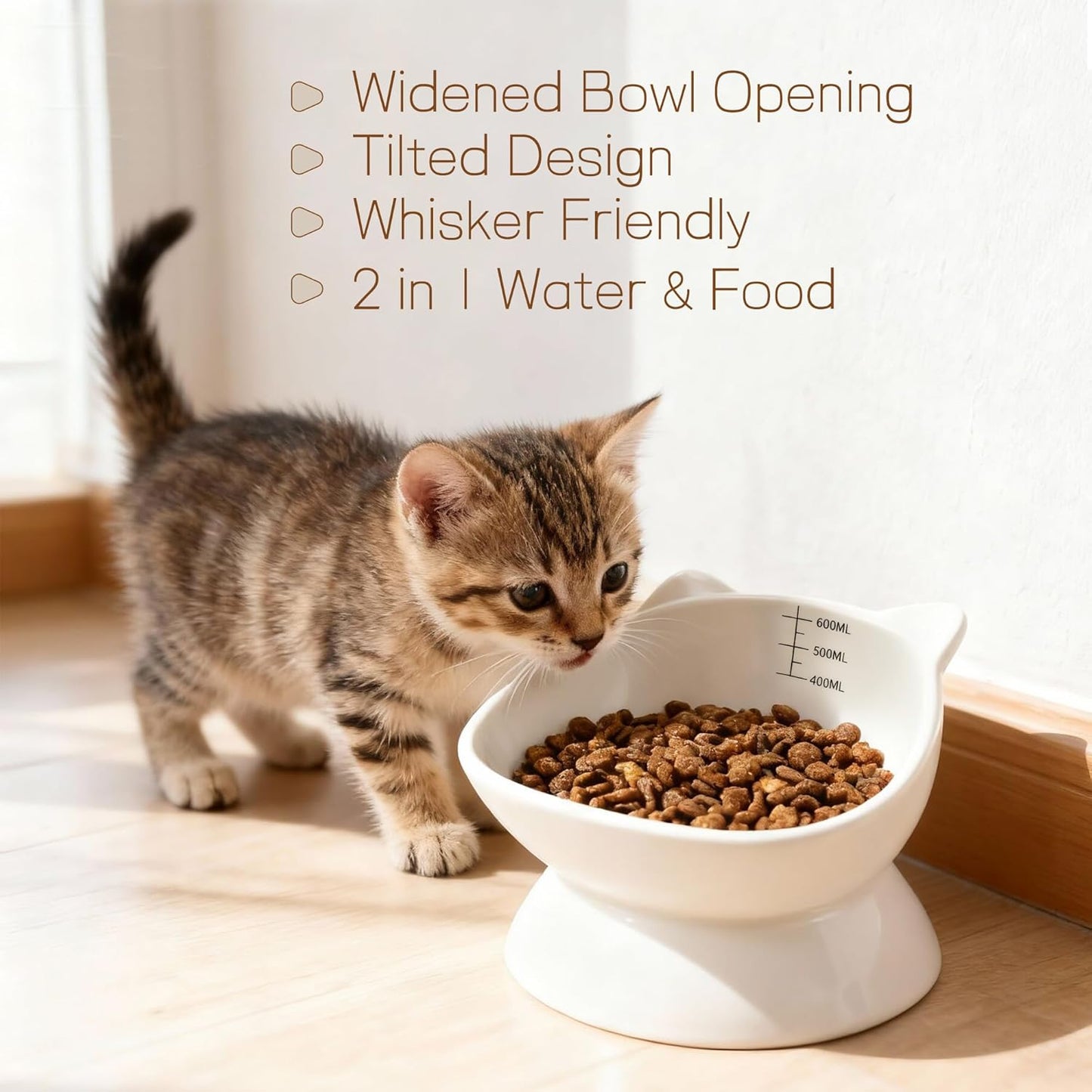 YOBRO Ceramic Elevated Tilted Cat Bowl with Scale Marks, Cute Cat Ear Pet Food or Water Bowl, Anti-Vomiting Spine Protection, Durable Feeding Dish for Kittens & Small Dogs, 21oz