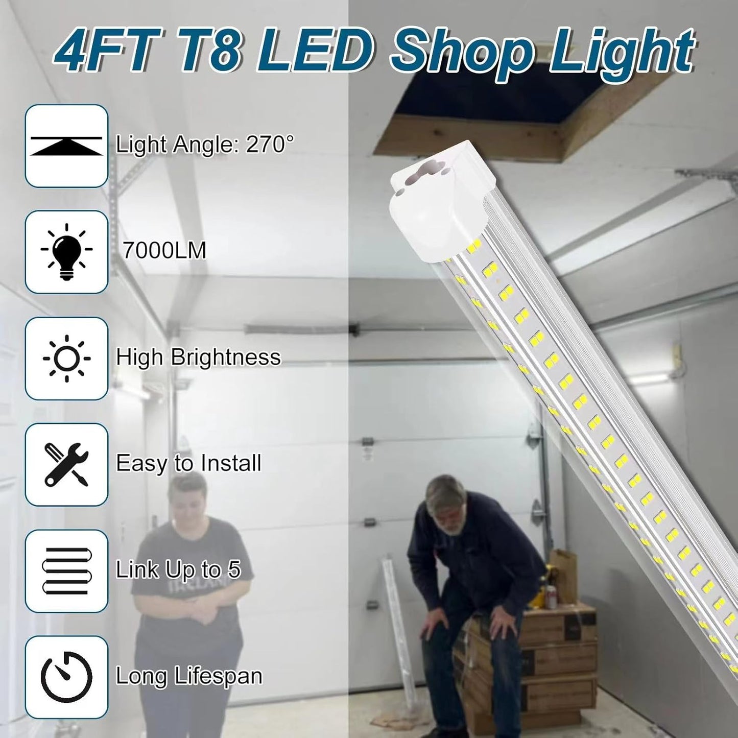 LED Shop Lights,4FT Led Light 6500k Daylight 50W 7000LM.4 Foot Shop Lighting Clear Cover Integrated V-Shape,Led Garage Lights for Workshop 4ft,Warehouse Commercial Bay Lighting(2-Pack)