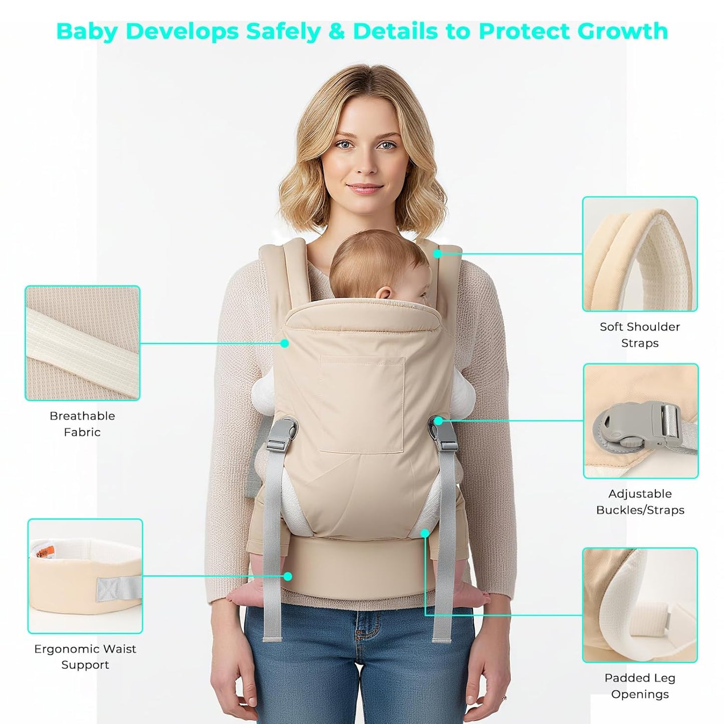 CycleMore Baby Carrier Newborn to Toddler - Soft Structured Carrier with Hip Healthy Design, 3 Carry Positions Options, Ergonomic Backpack Design with Lumbar Support (7-35lbs) Ivory