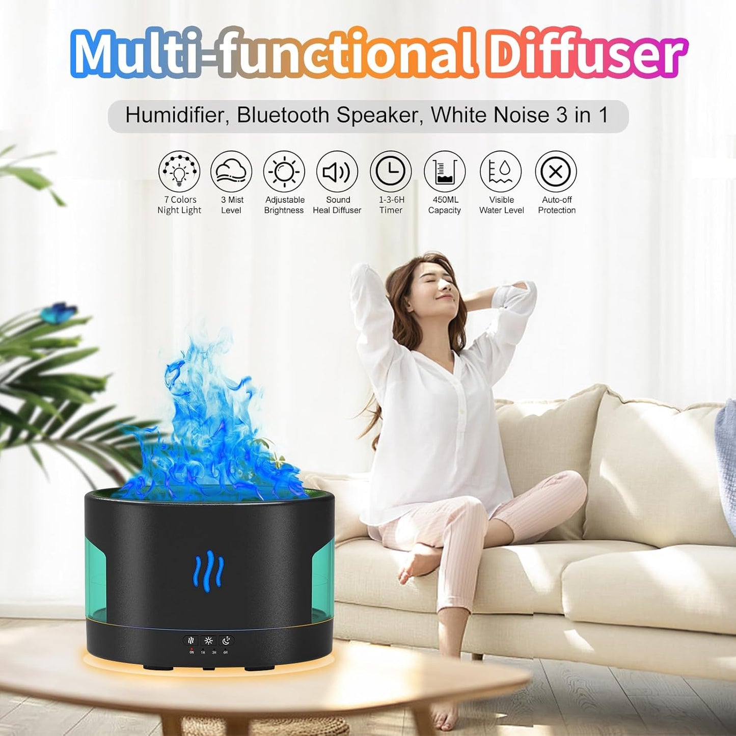 Oil Diffusers for Home large Room, 450ml Visible Water Tank, Air Diffuser Humidifier with Bluetooth Speaker, White Noise and Remote, Flame Humidifier for Bedroom,Office, 7 Colors Diffuser Gifts